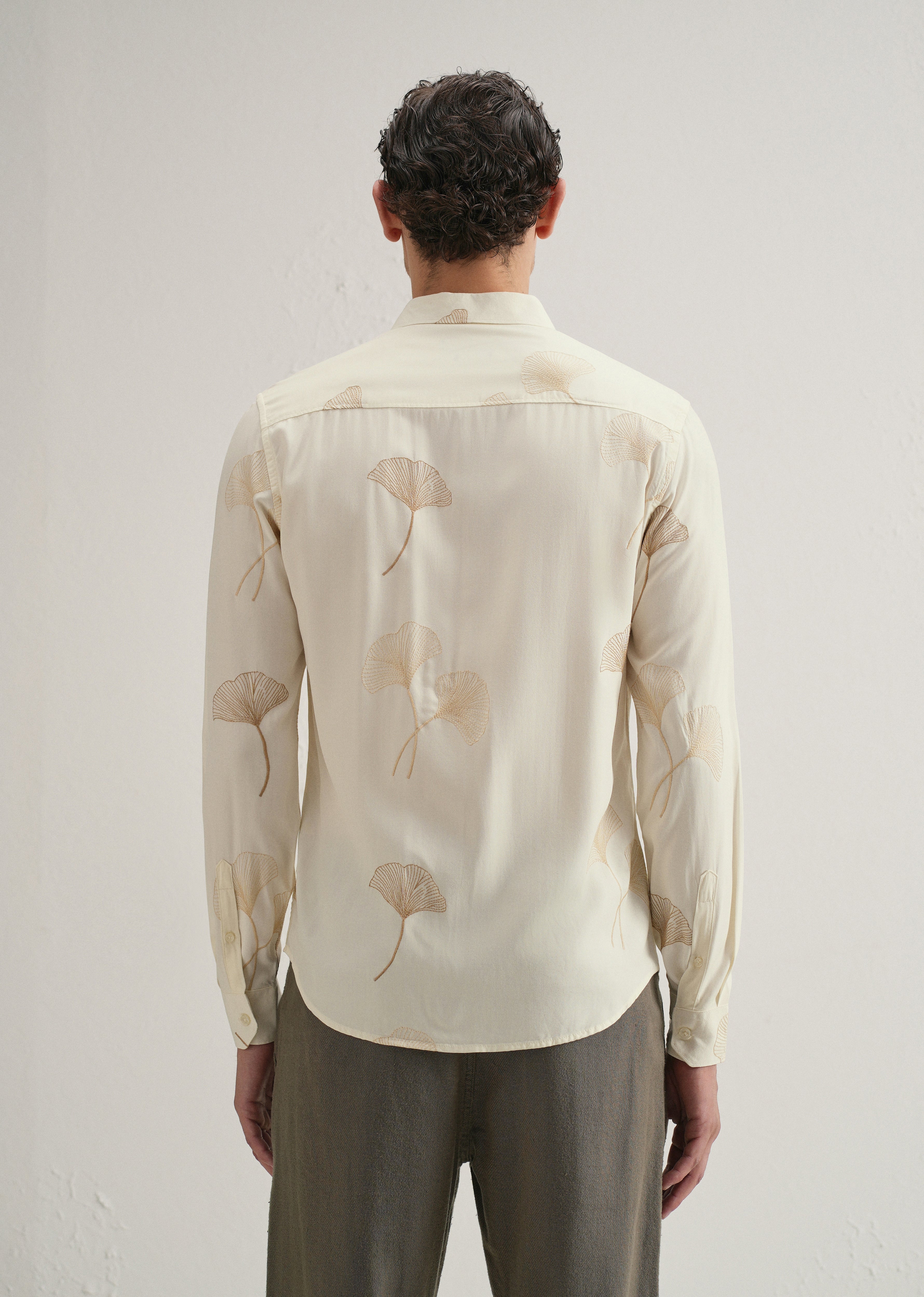 Cream Abstract Leaf Embroidery Shirt
