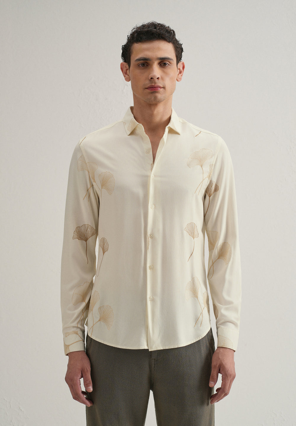 Cream Abstract Leaf Embroidery Shirt