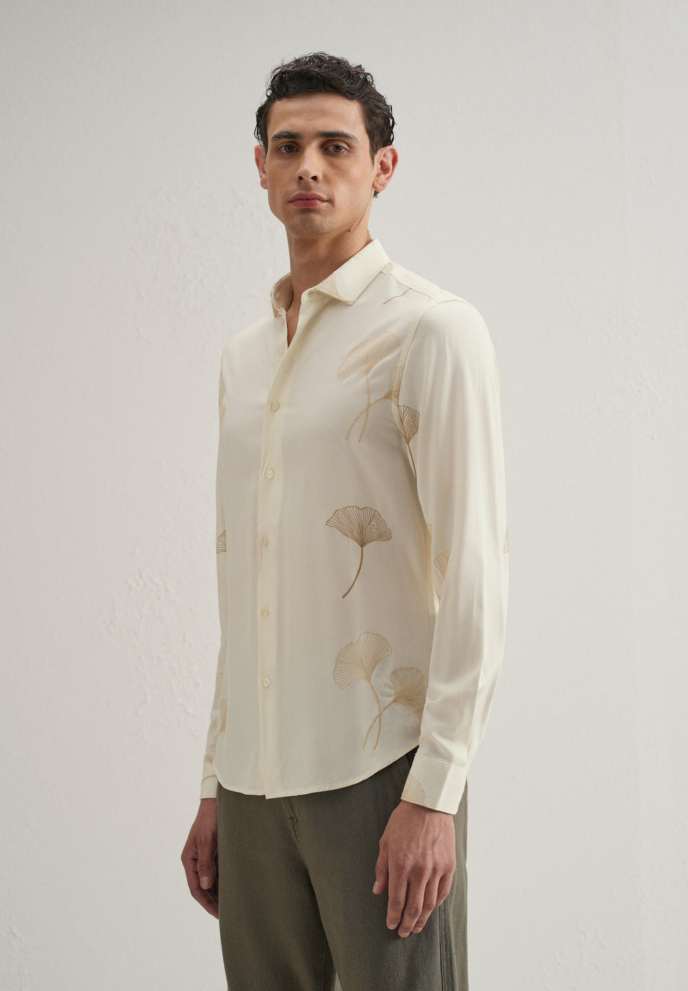 Cream Abstract Leaf Embroidery Shirt
