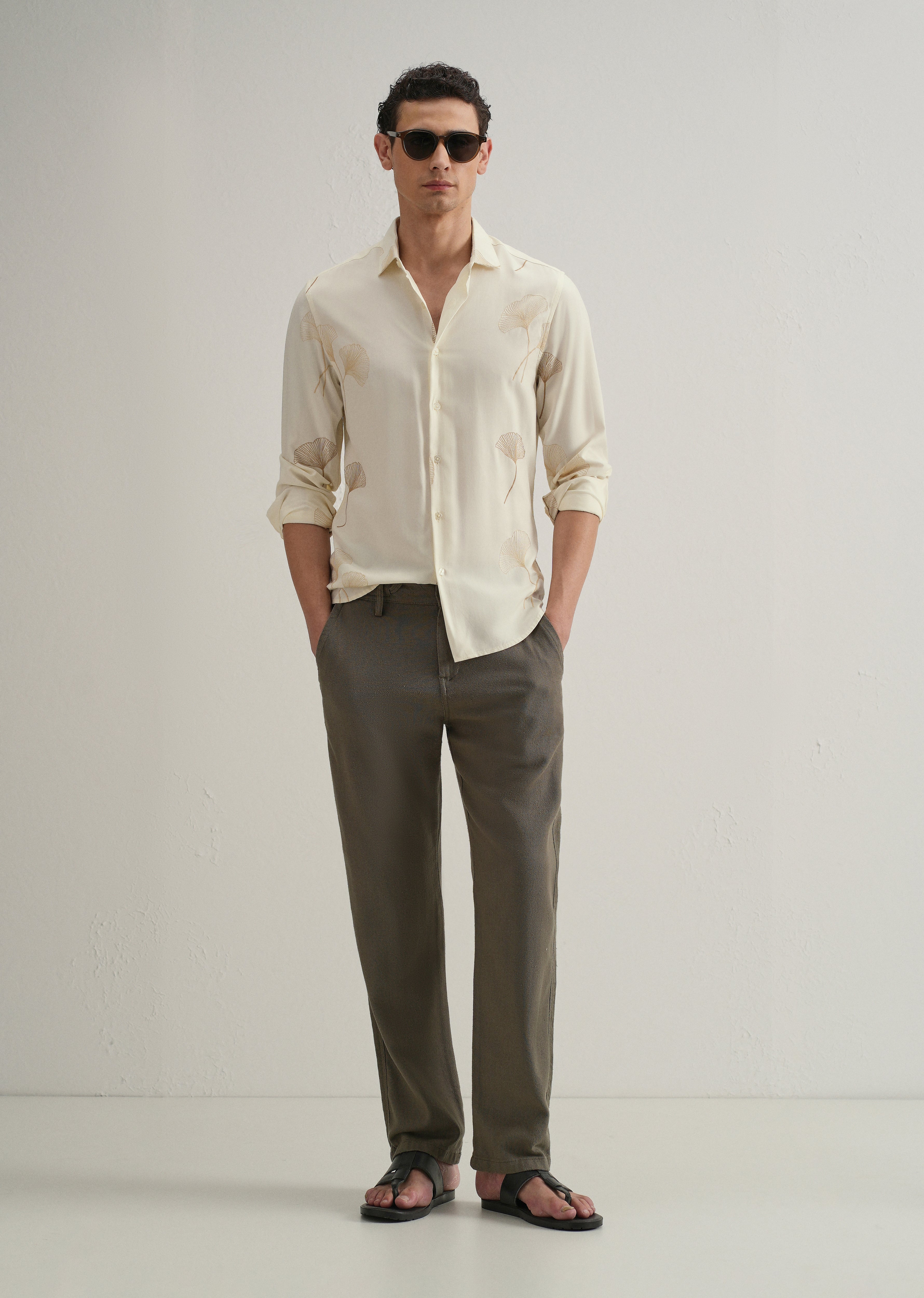 Cream Abstract Leaf Embroidery Shirt