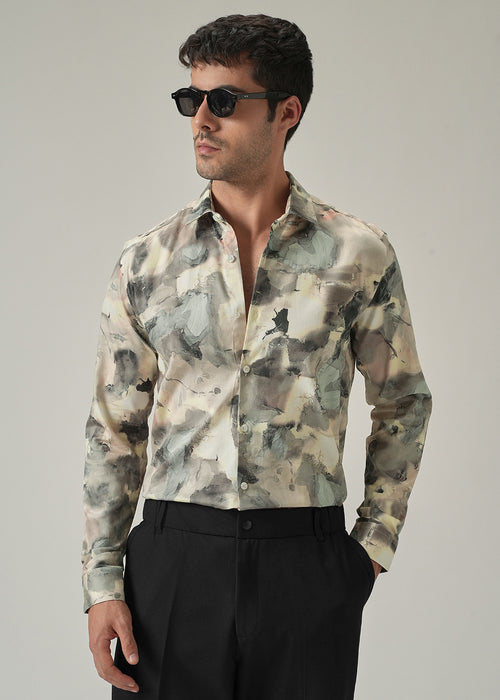 Cream Artistic Camouflage Print Shirt
