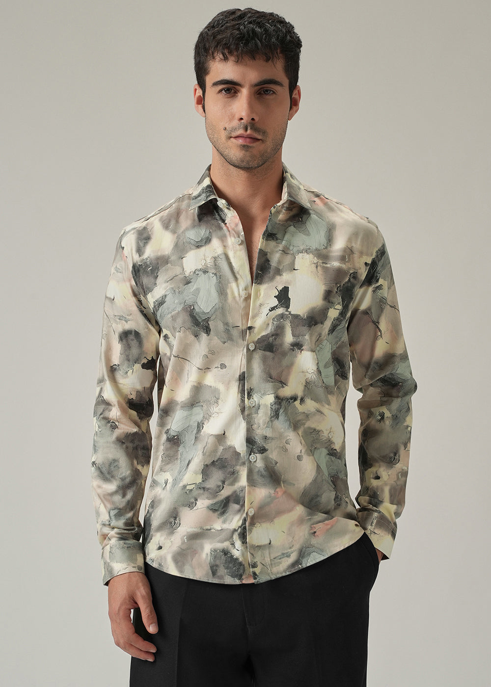 Cream Artistic Camouflage Print Shirt
