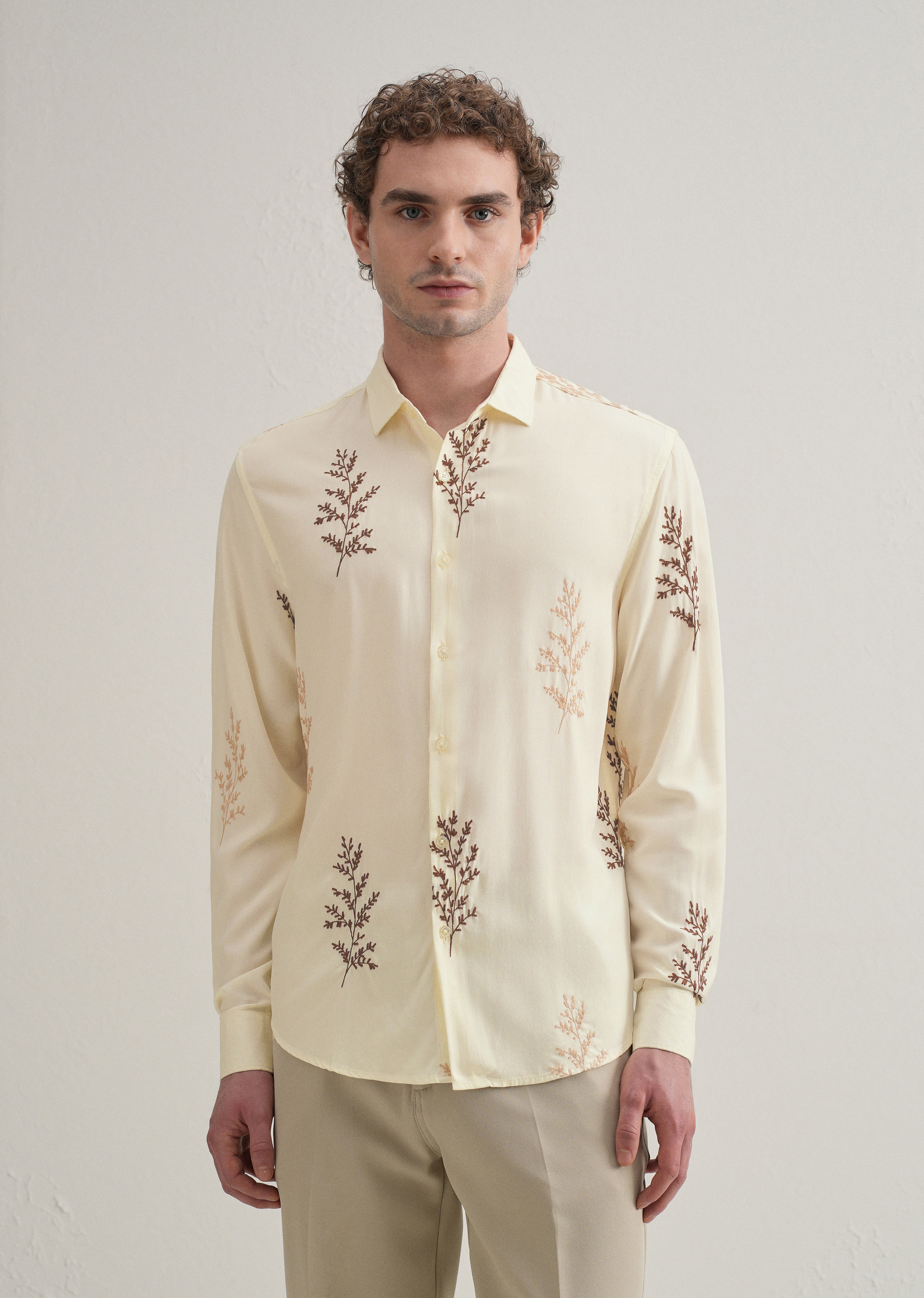 Cream Botanical Embroidery Shirt