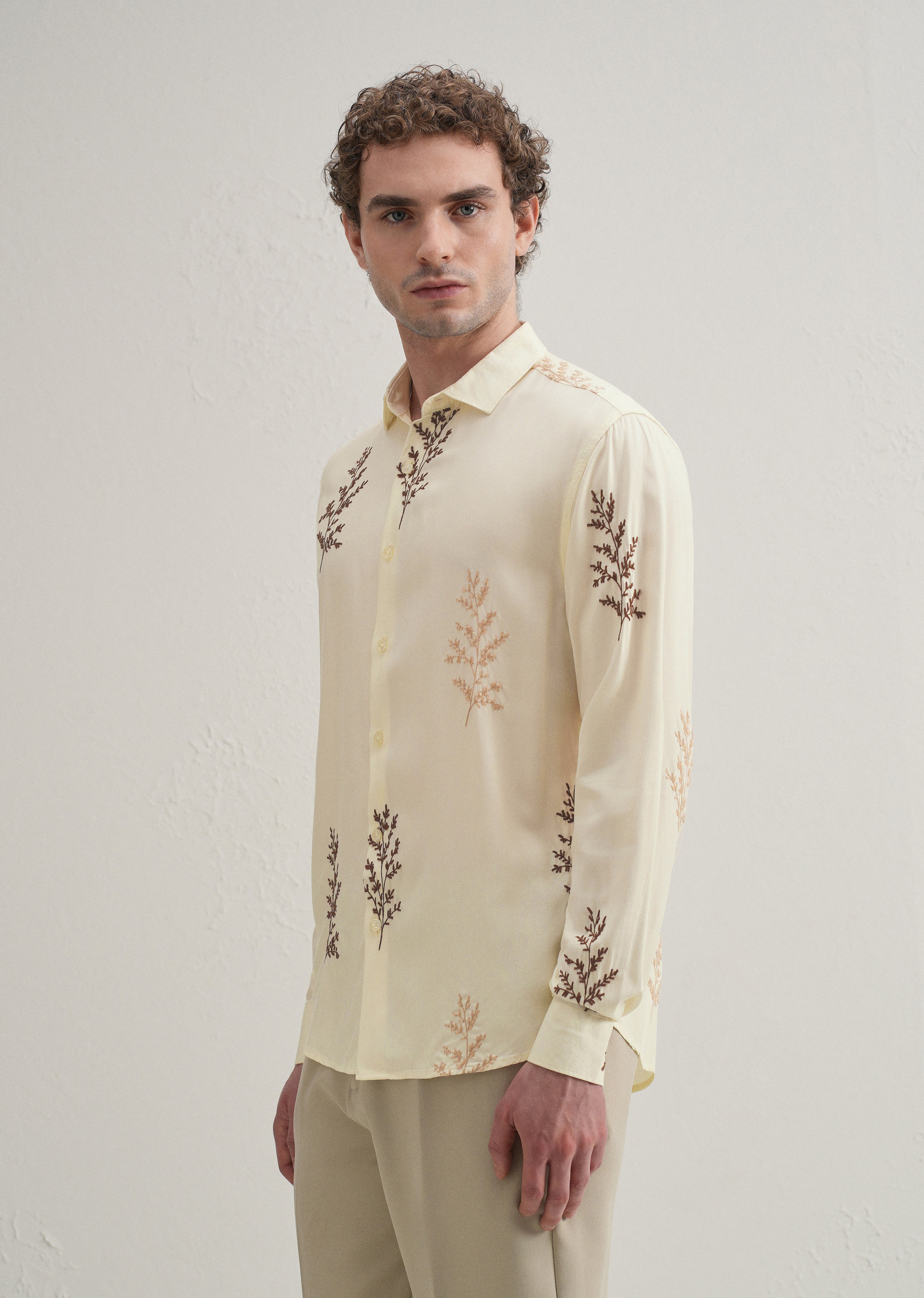 Cream Botanical Embroidery Shirt