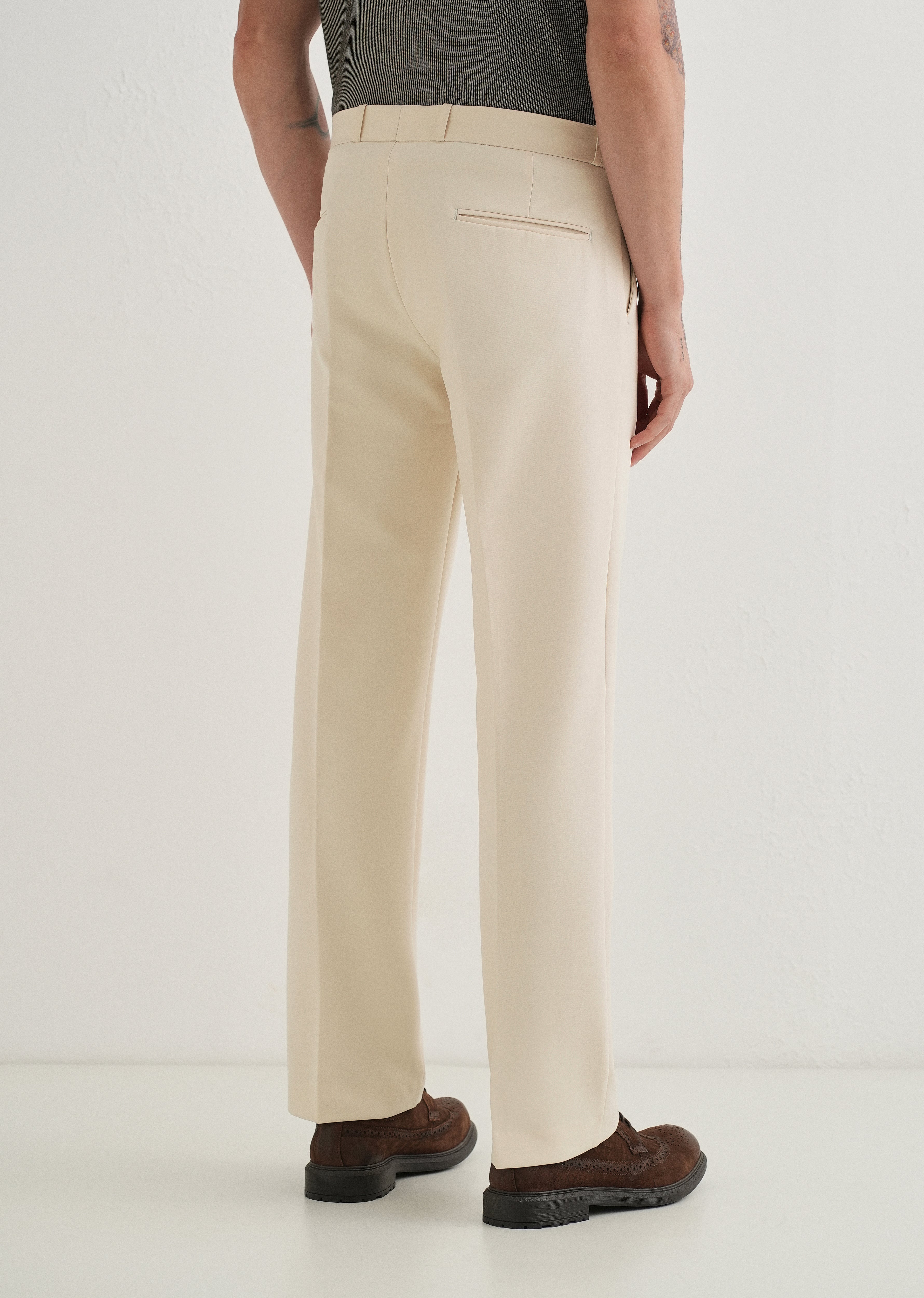 Cream Button-Tab Pleat Trouser