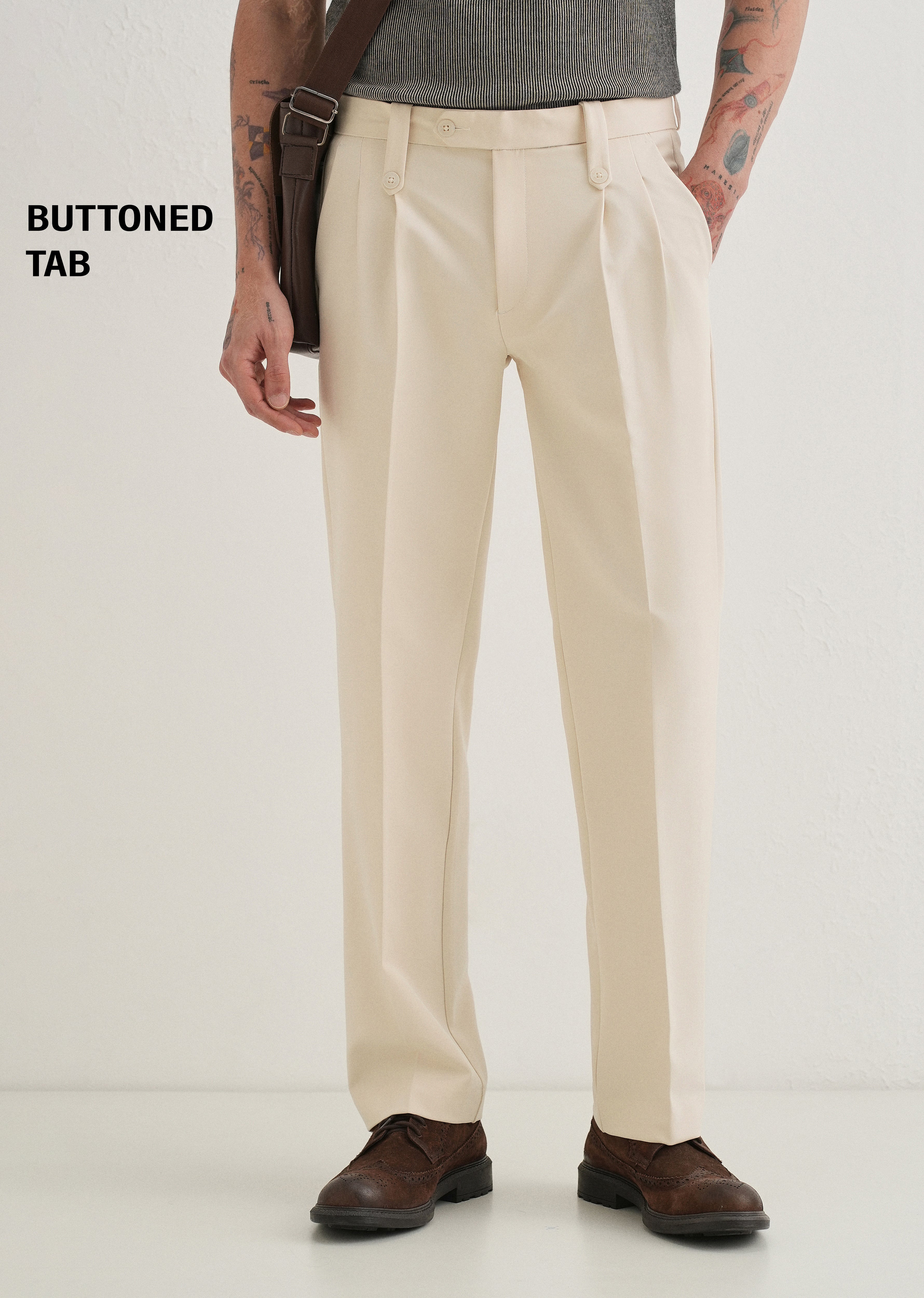 Cream Button-Tab Pleat Trouser