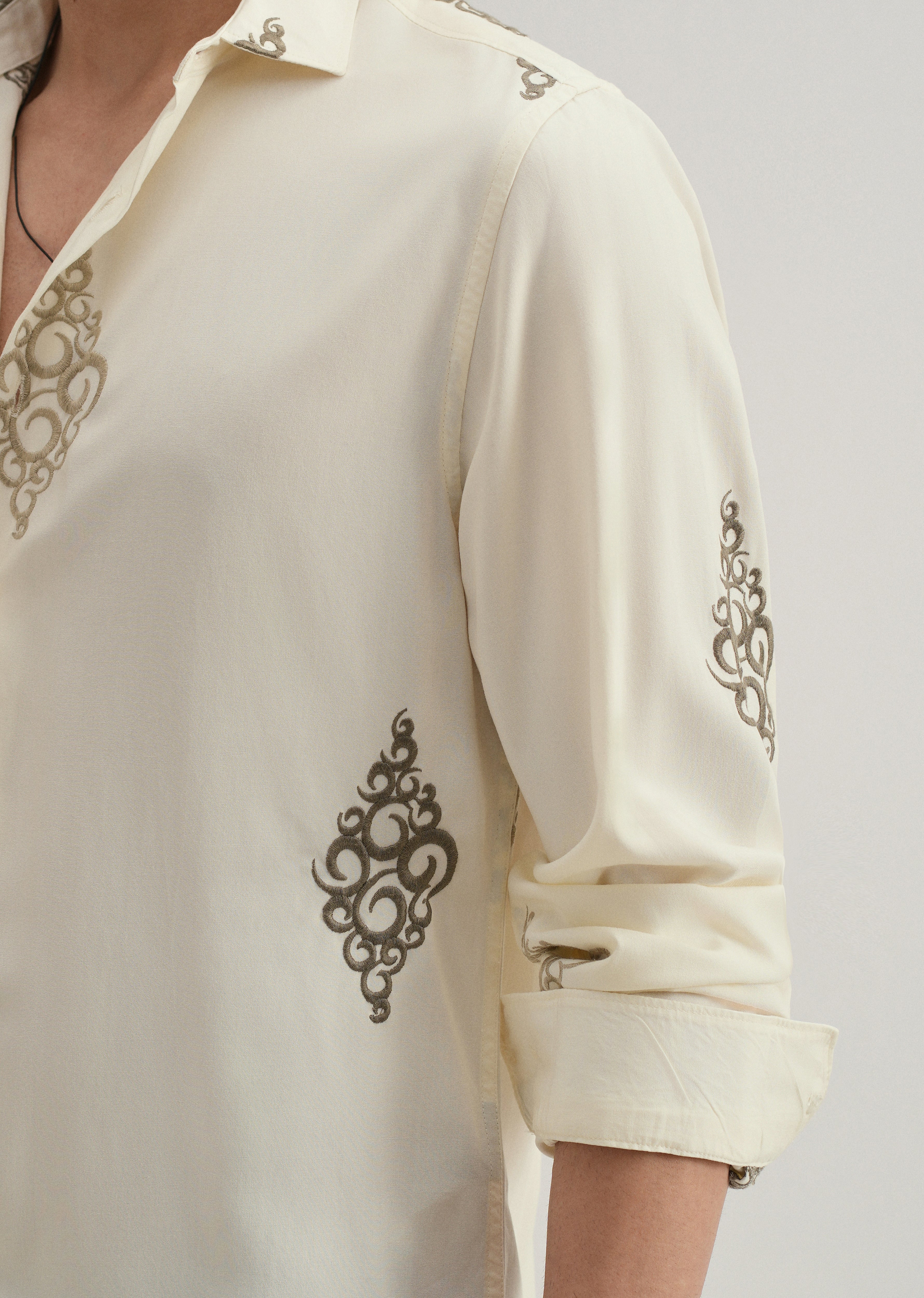 Cream Circular Motif Embroidery Shirt