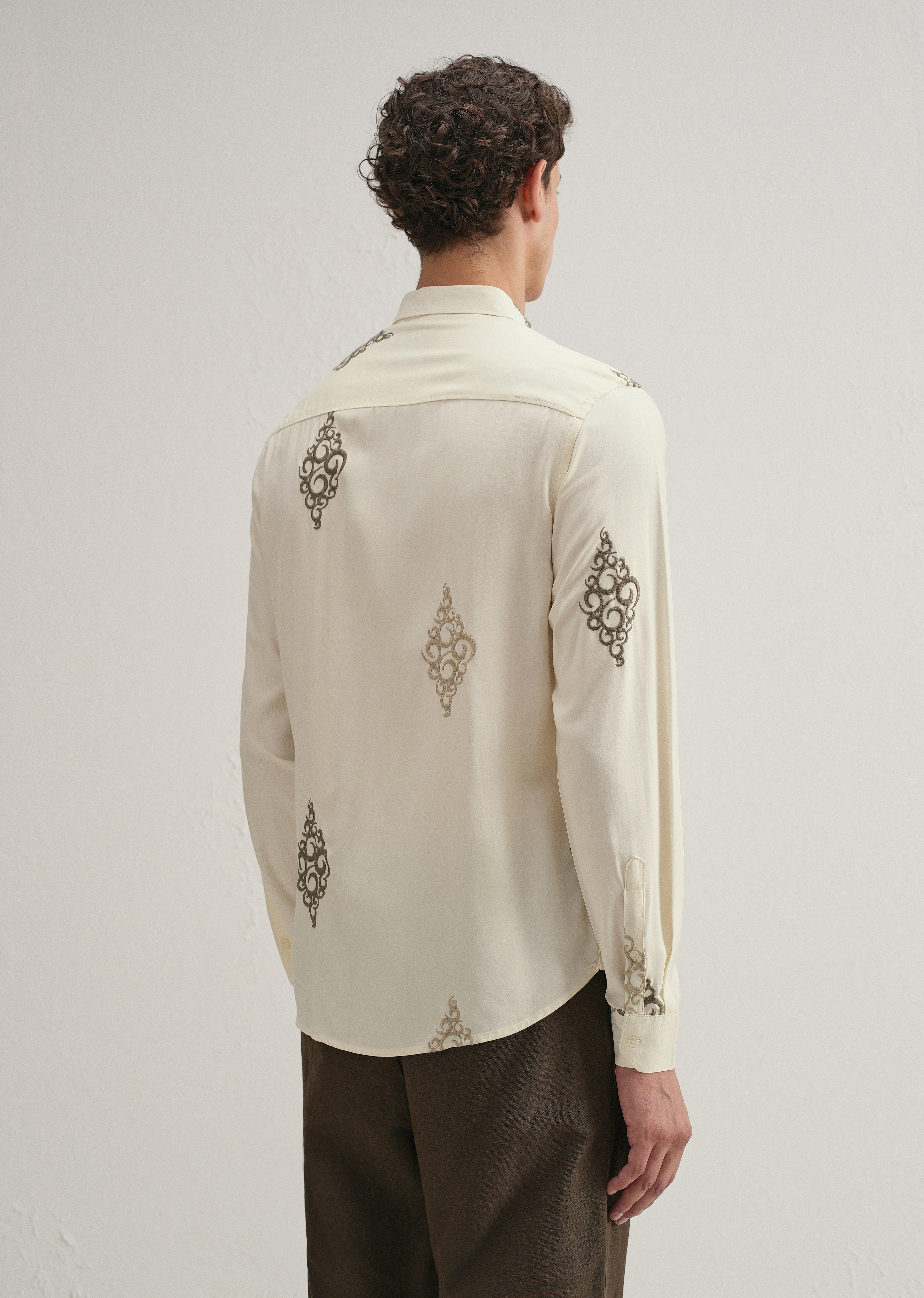 Cream Circular Motif Embroidery Shirt