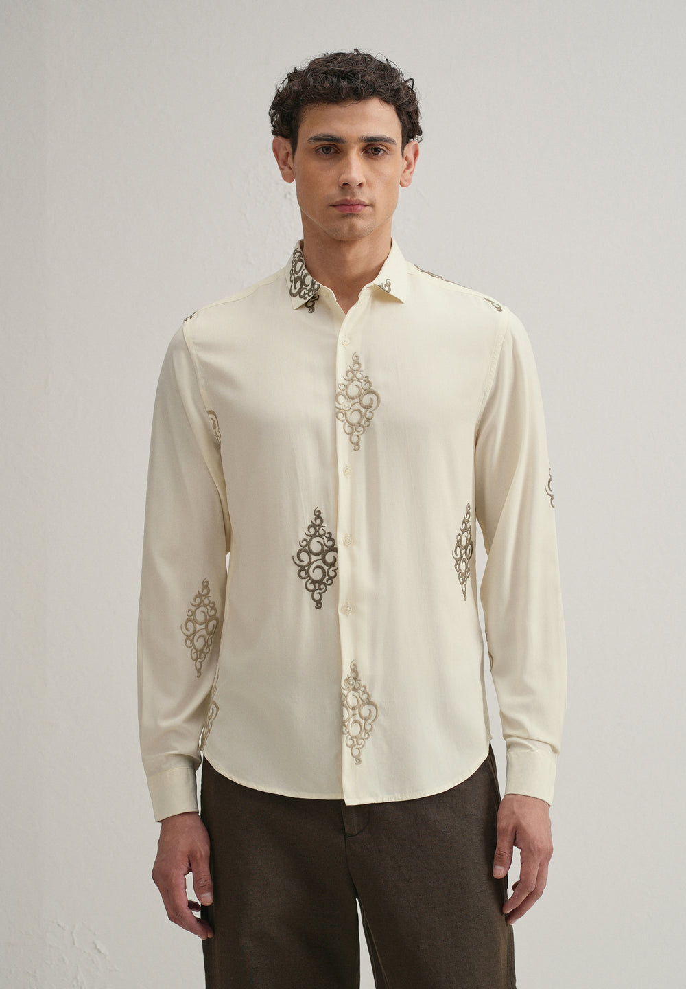 Cream Circular Motif Embroidery Shirt