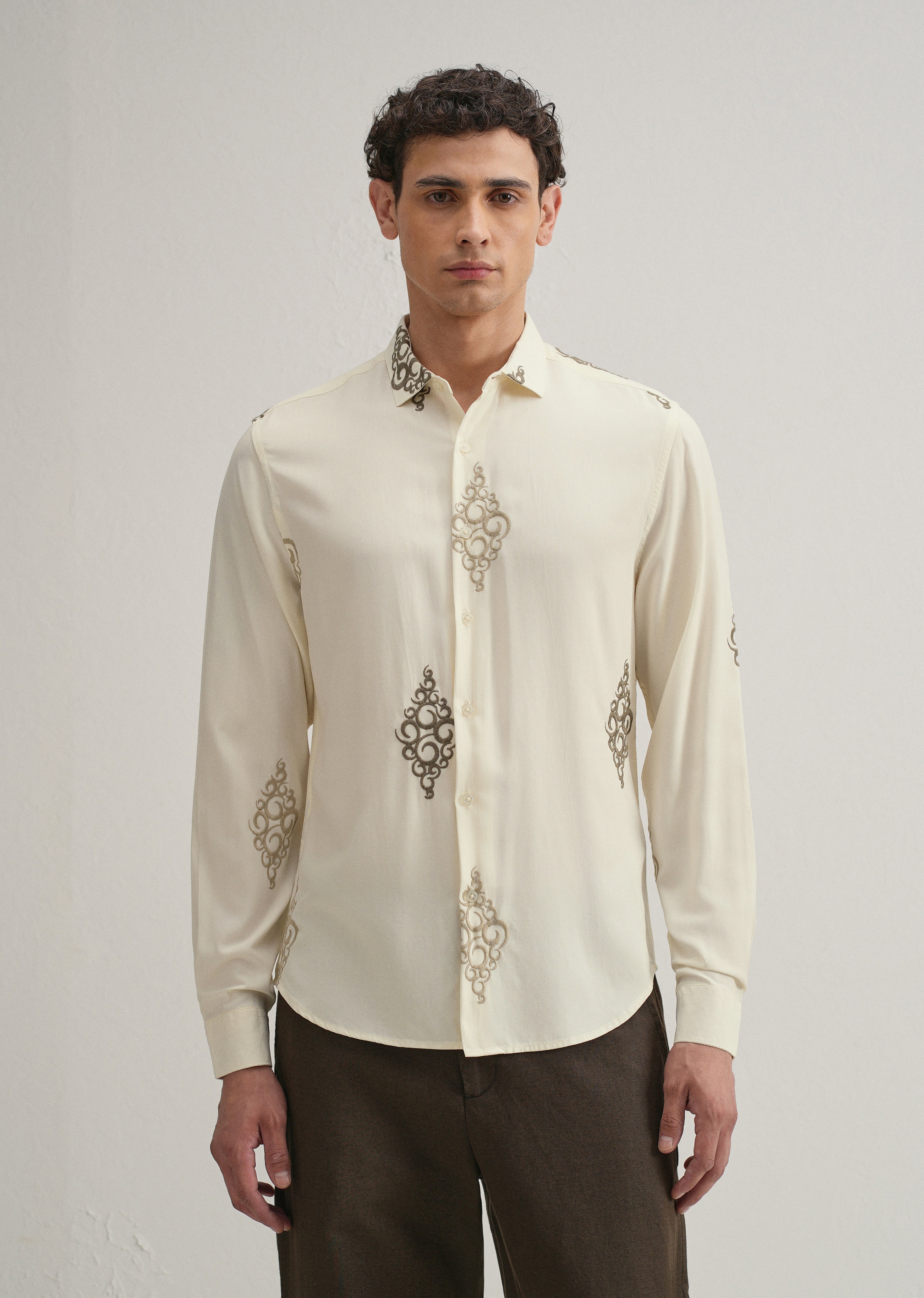 Cream Circular Motif Embroidery Shirt