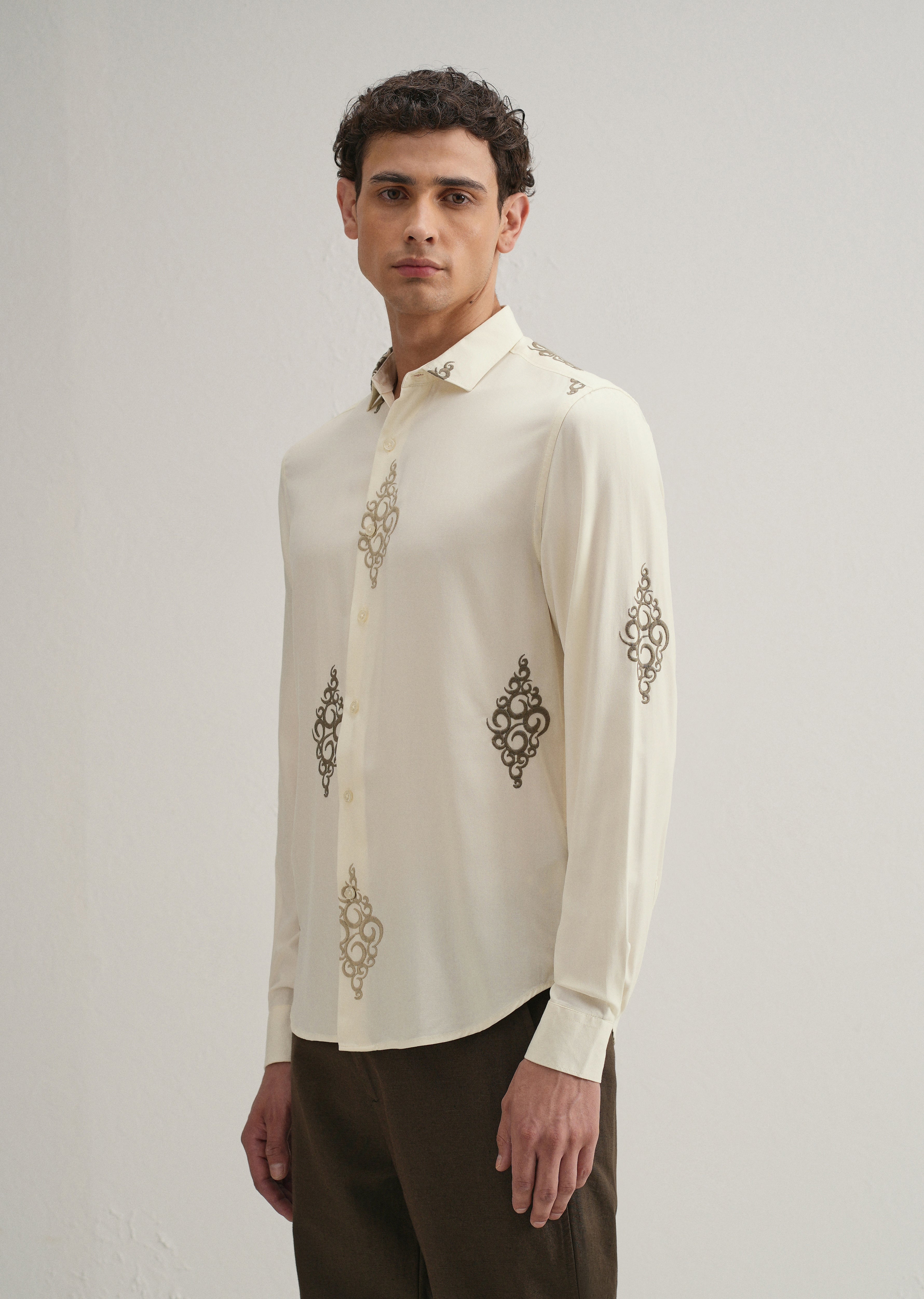 Cream Circular Motif Embroidery Shirt