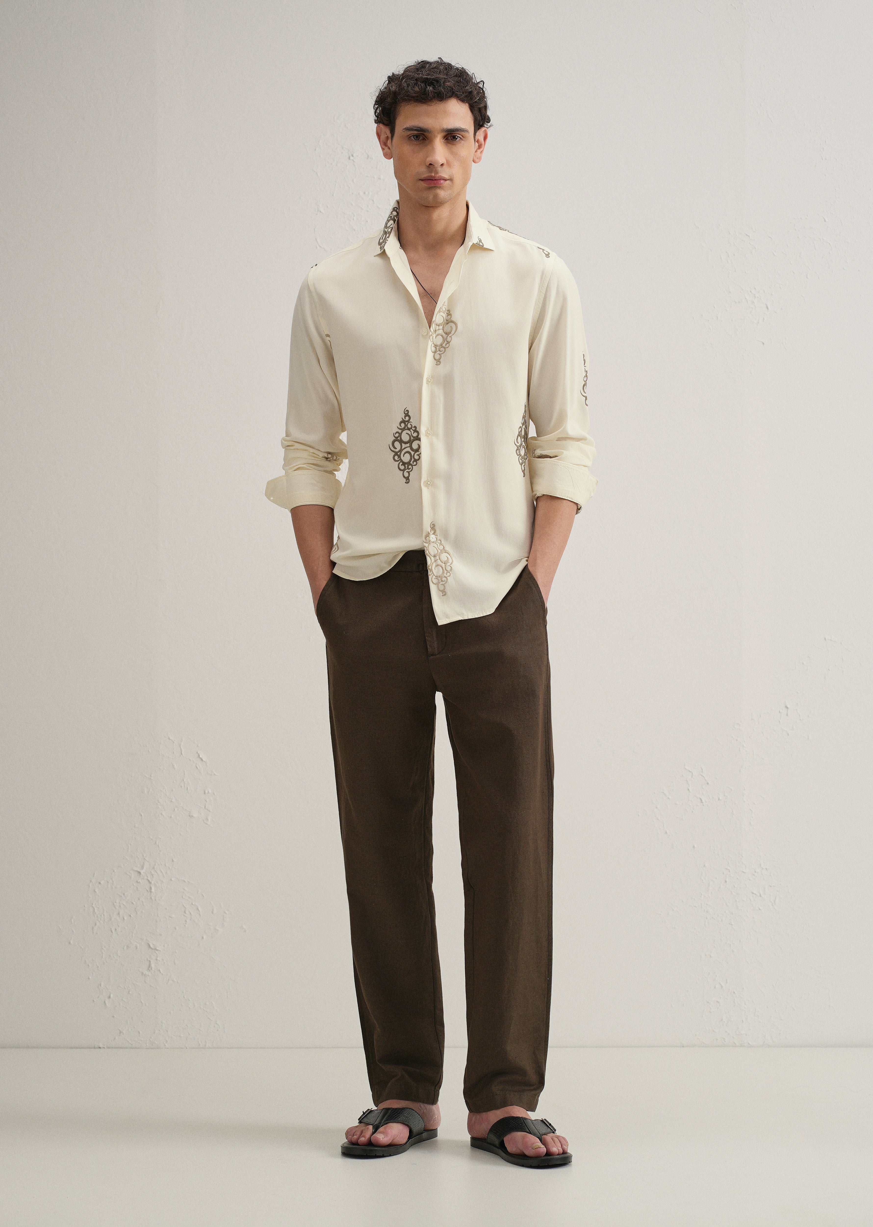 Cream Circular Motif Embroidery Shirt
