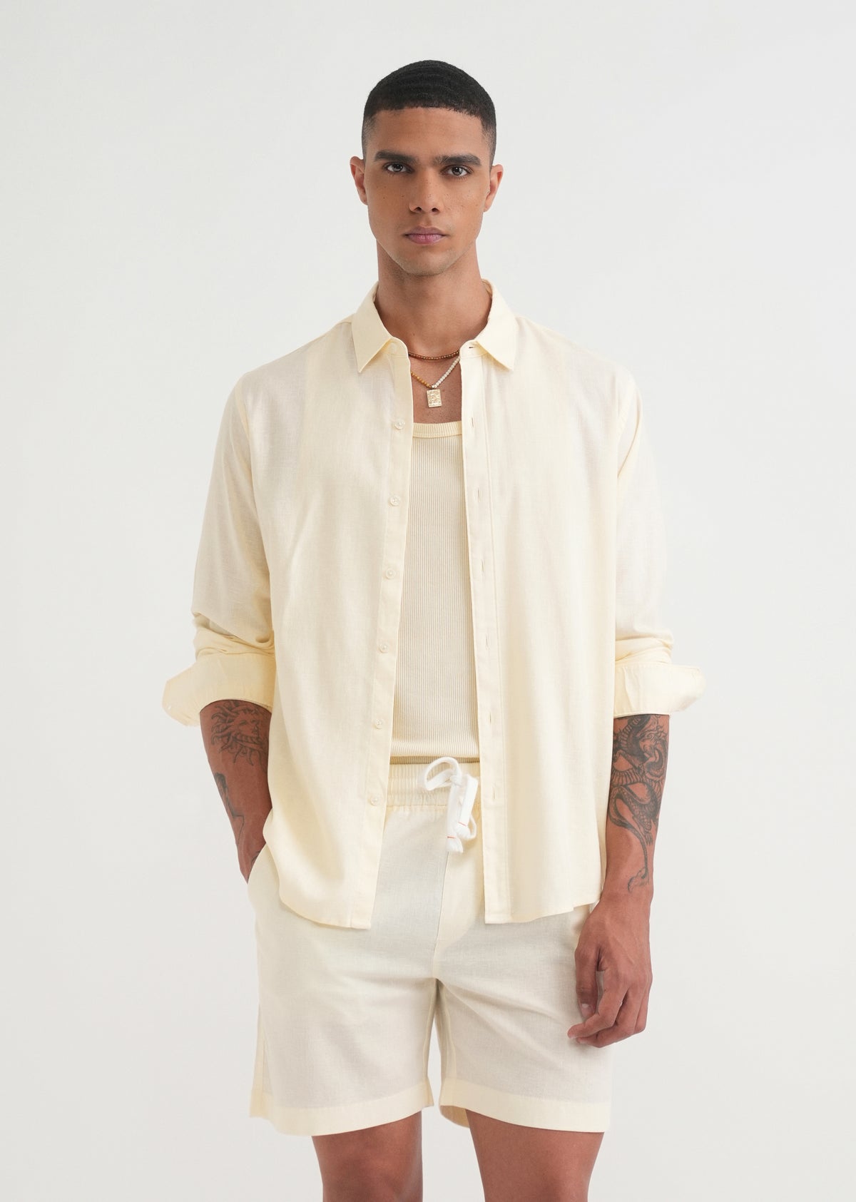 Cream Cotton Blend Regular Fit Shirt