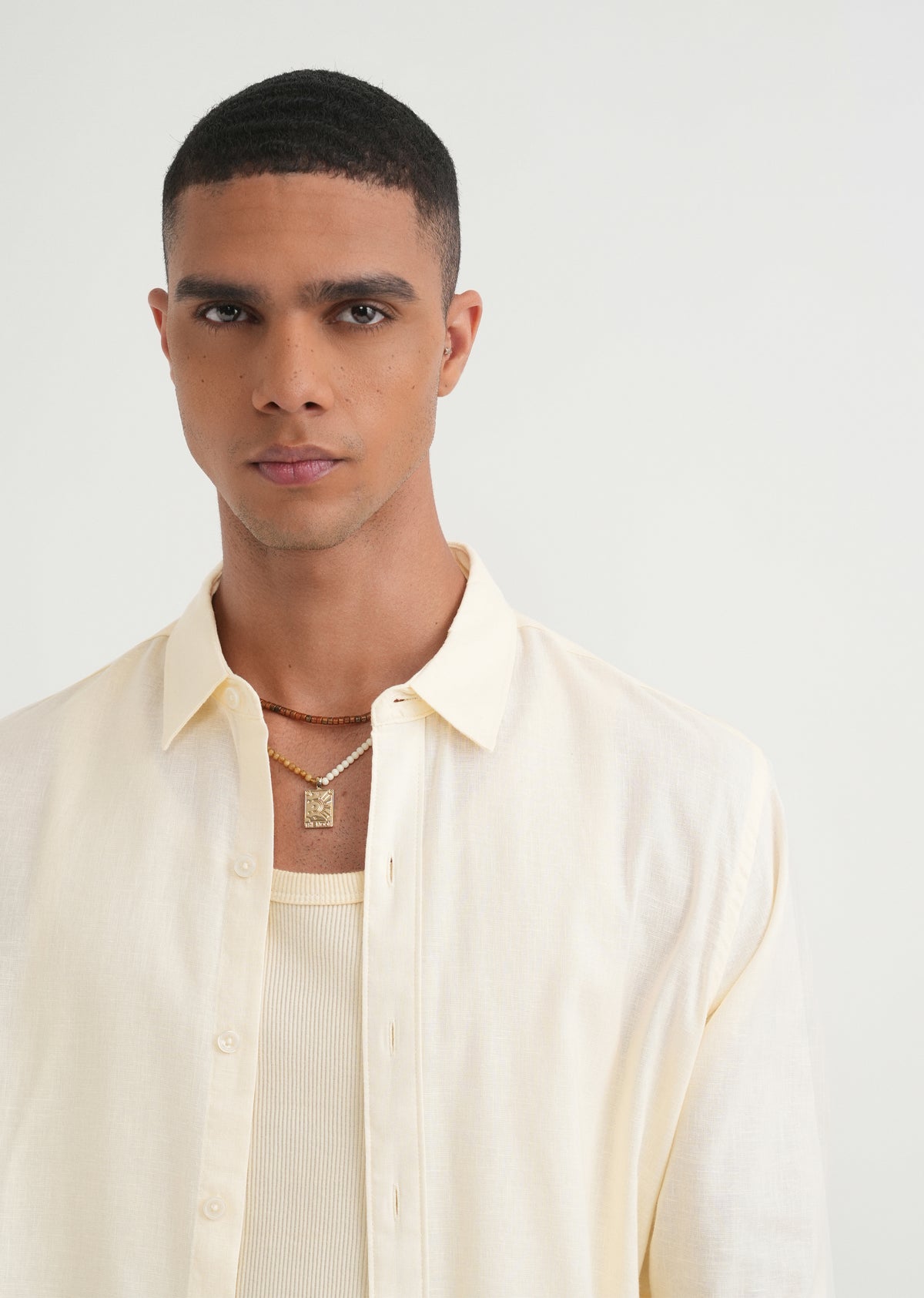 Cream Cotton Blend Regular Fit Shirt