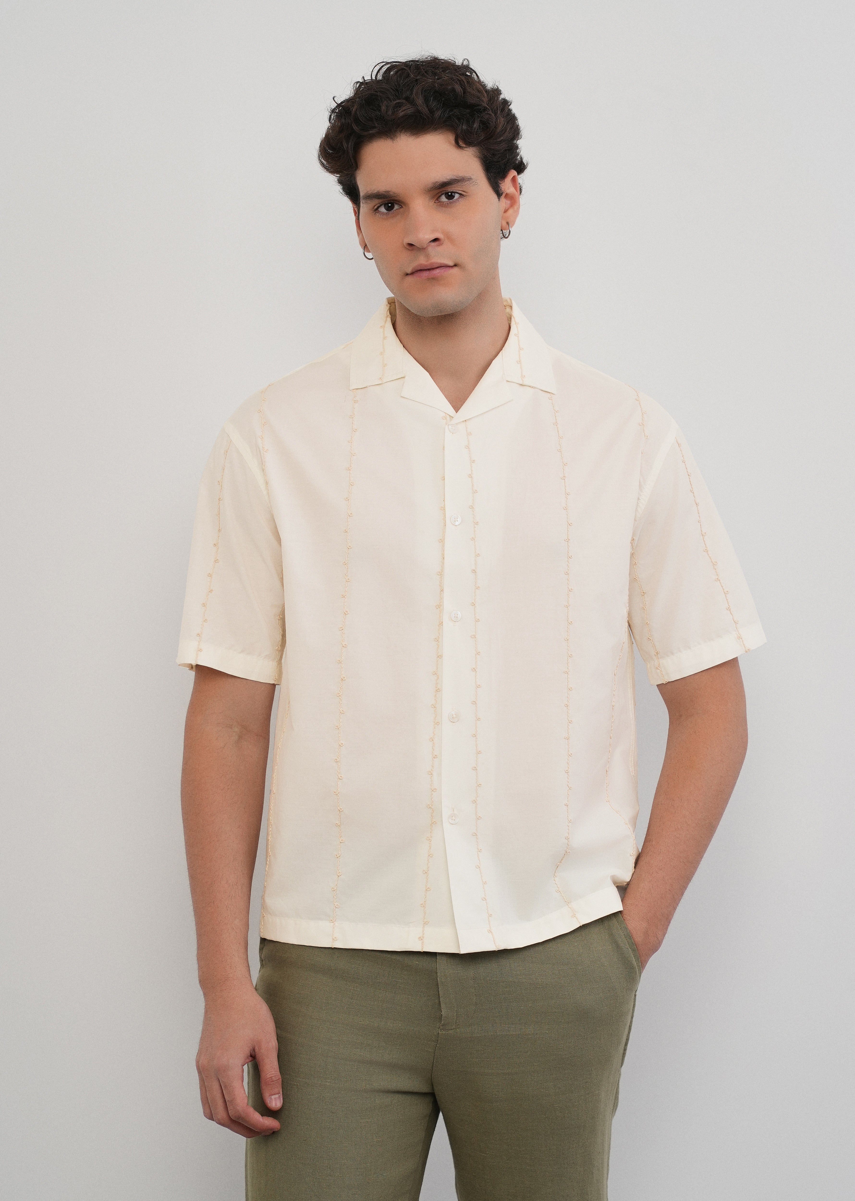 Cream Cotton Embroidery Shirt