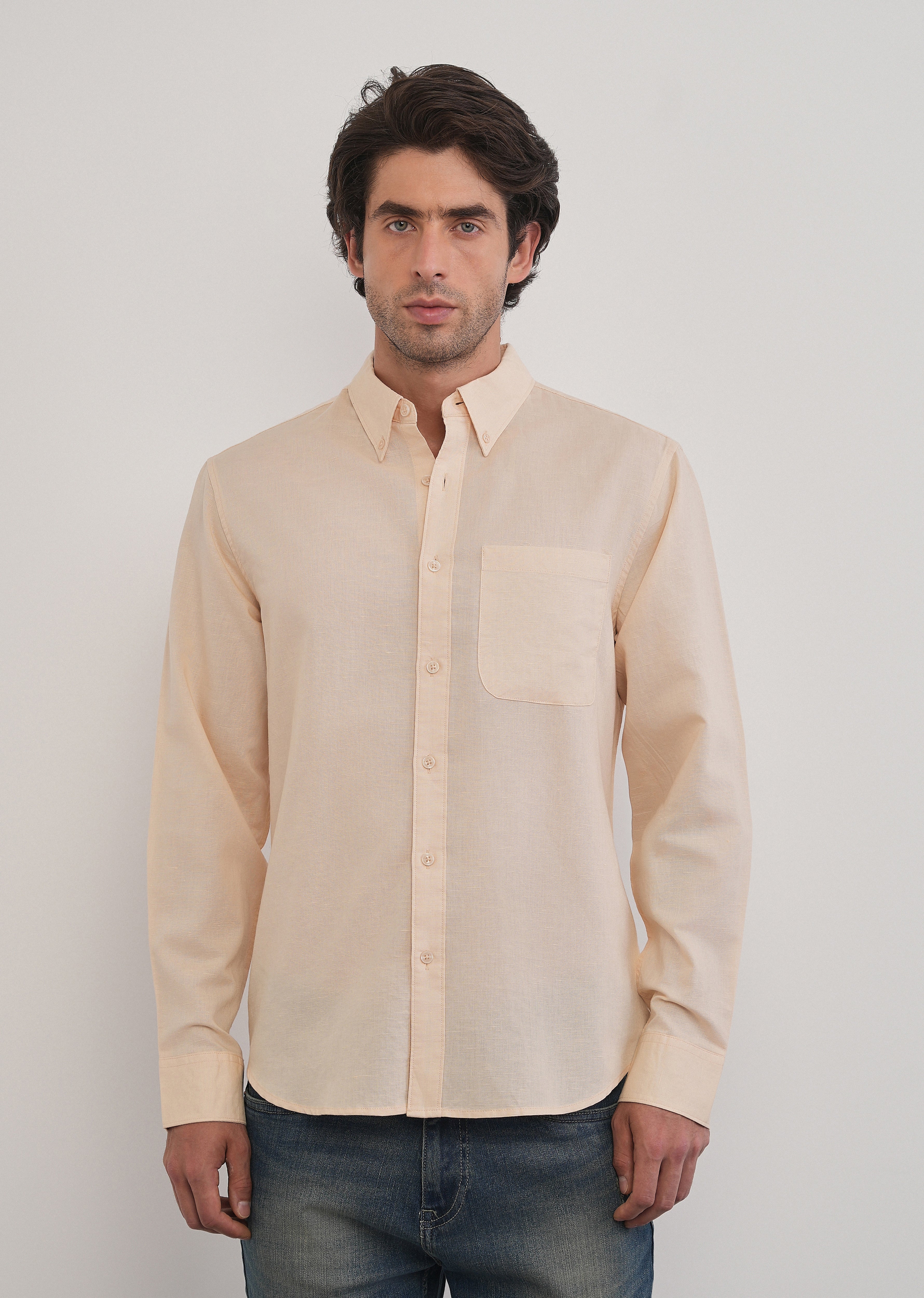 Cream Cotton Linen Plain Shirt