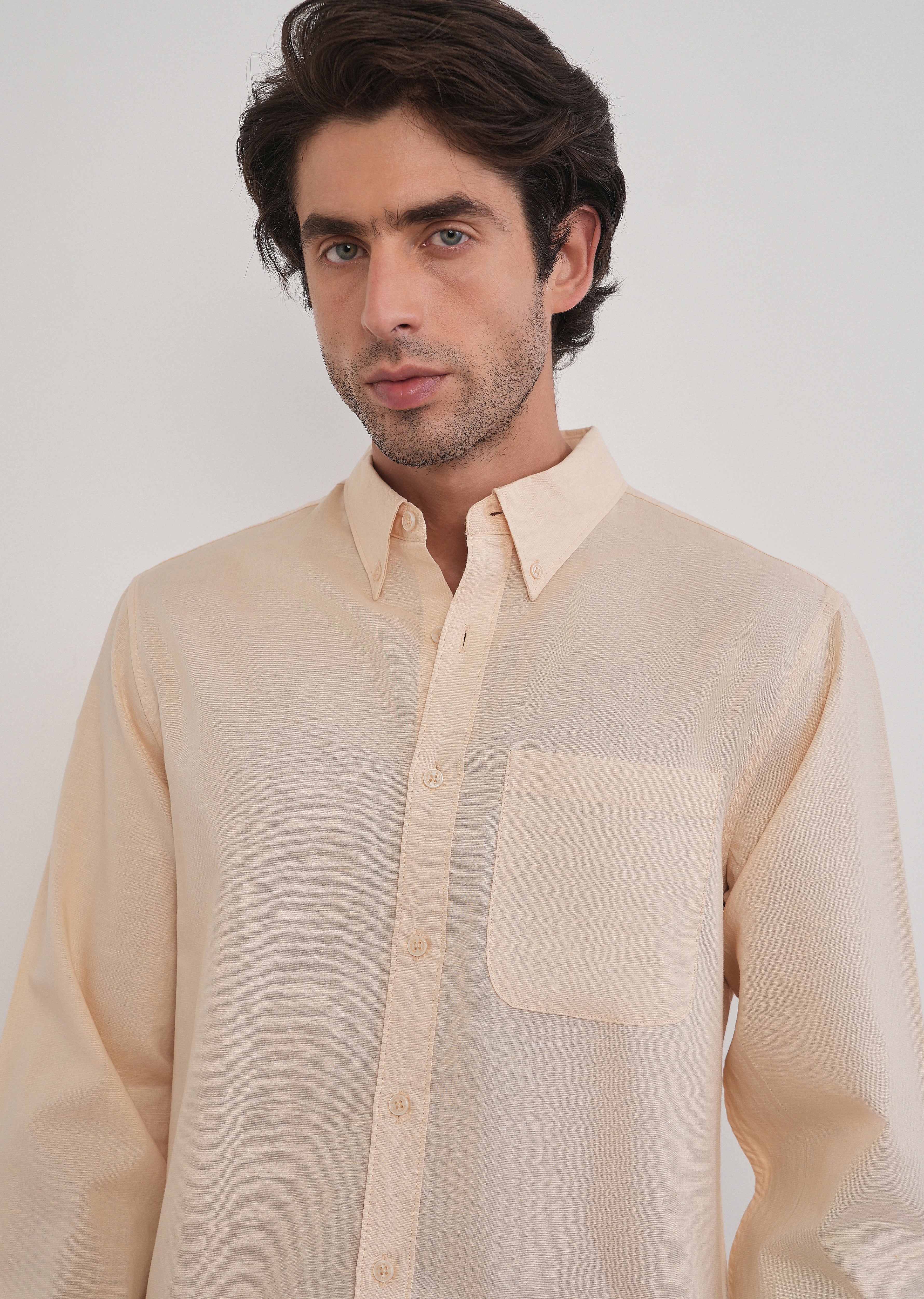Cream Cotton Linen Plain Shirt