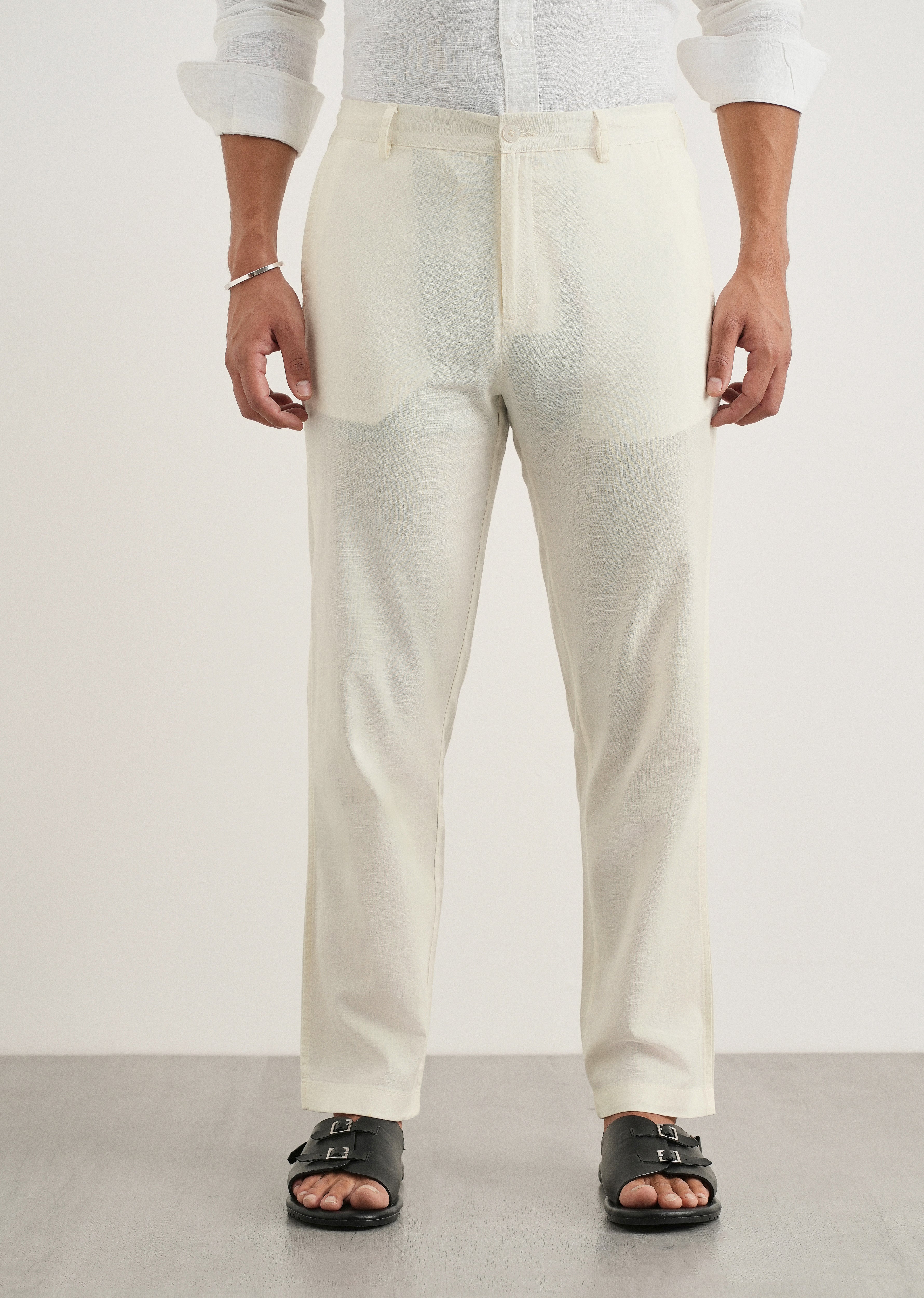 Cream Cotton Linen Regular Fit Pant