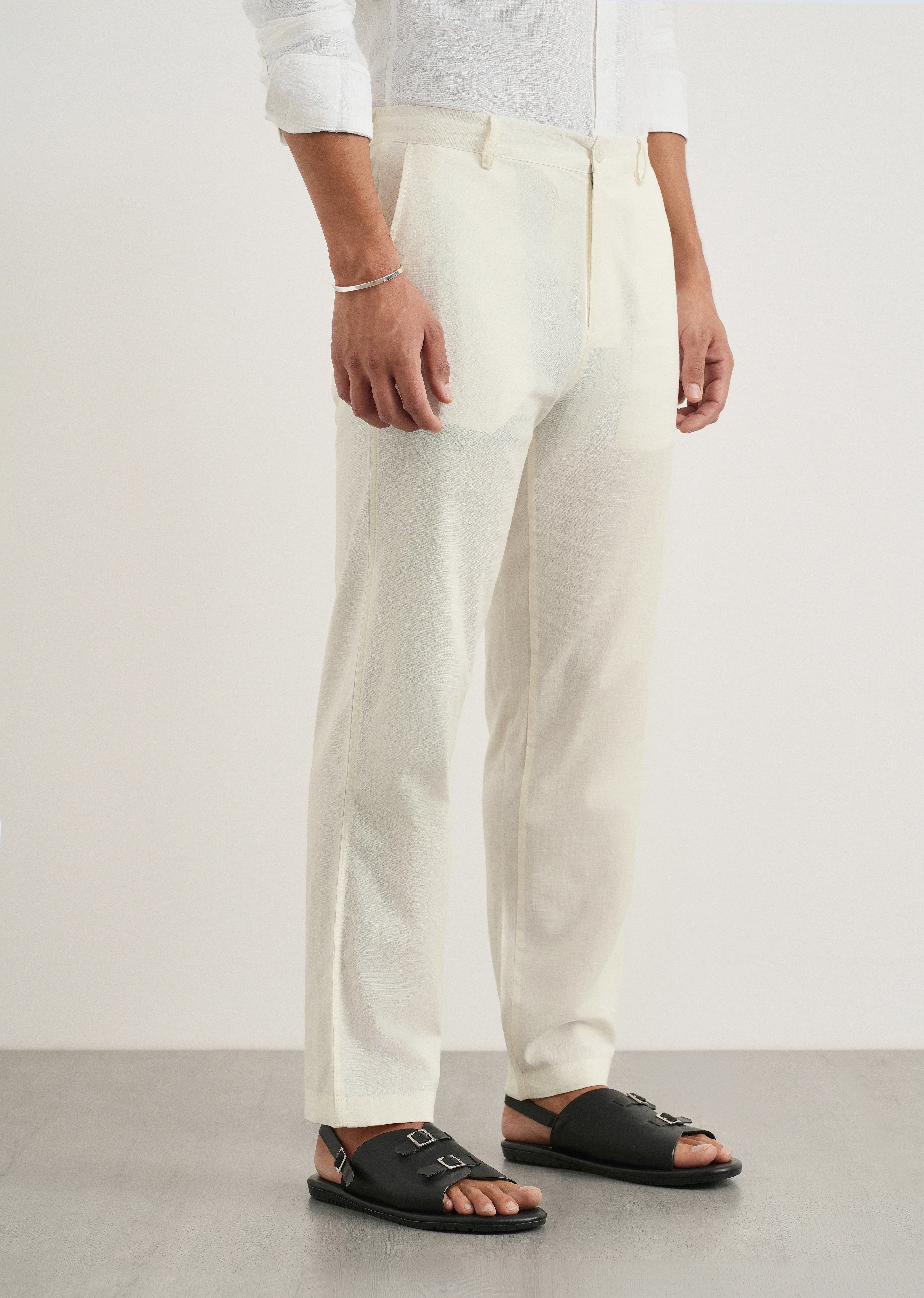 Cream Cotton Linen Regular Fit Pant