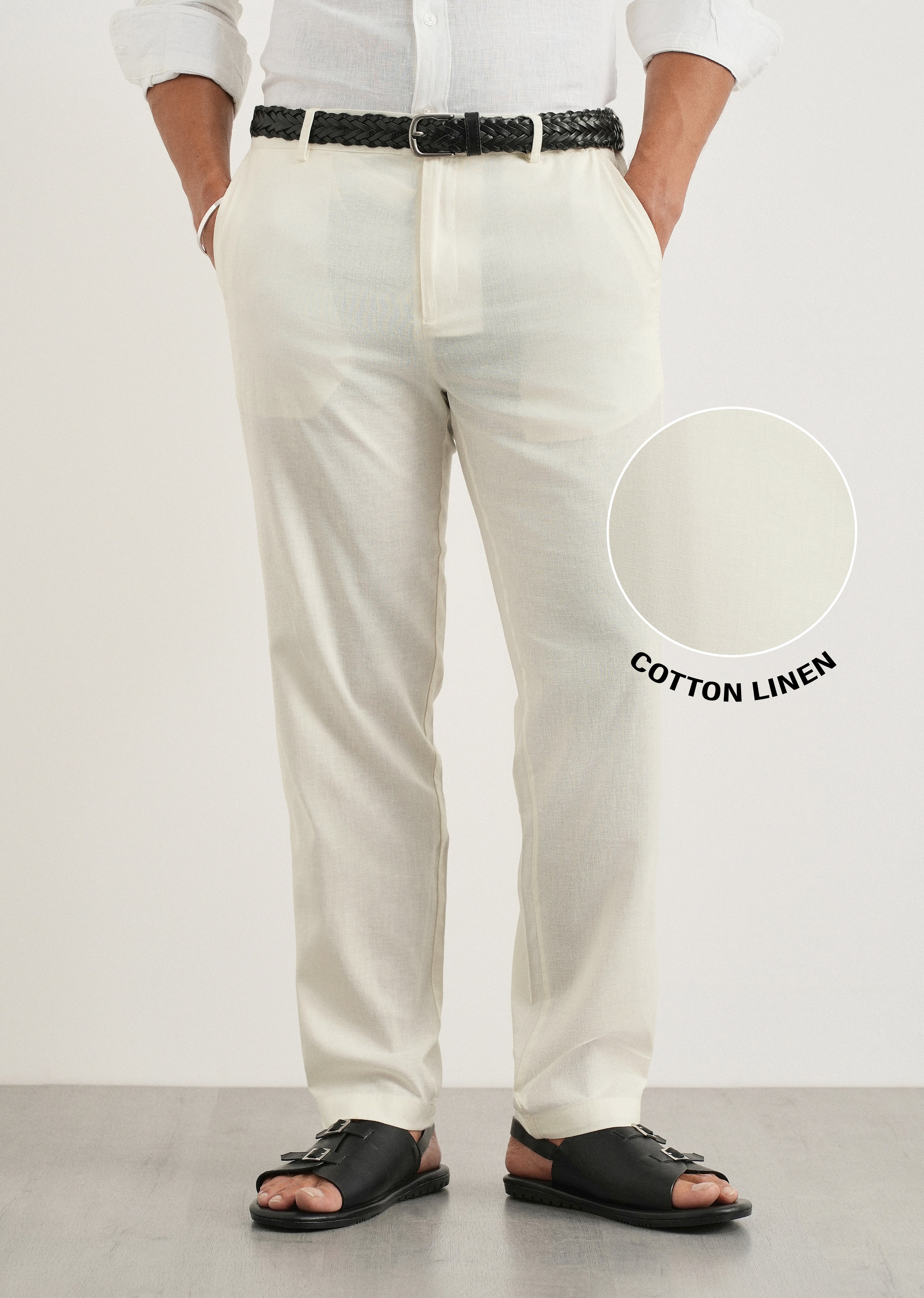 Cream Cotton Linen Regular Fit Pant