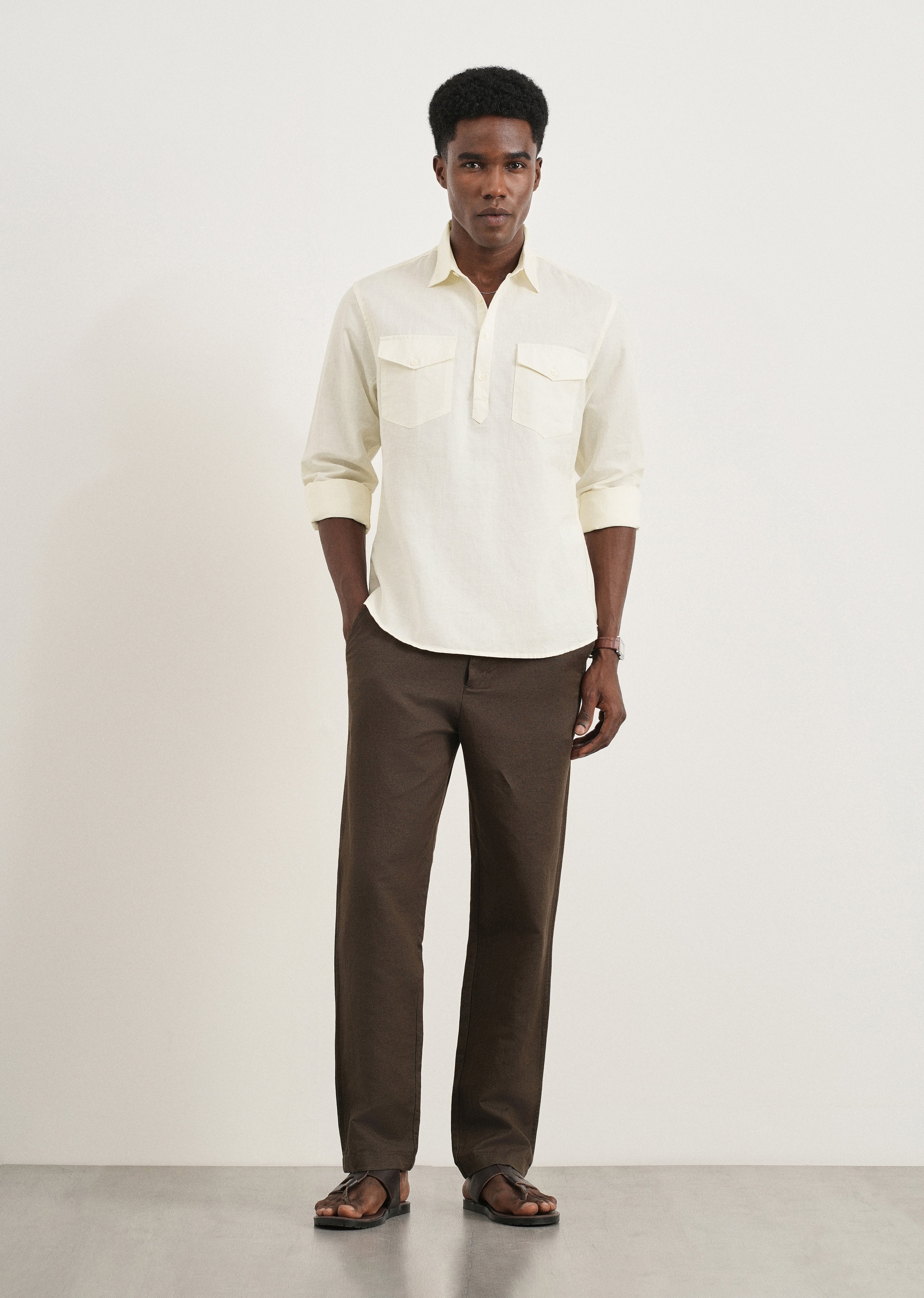 Cream Cotton Linen Short Kurta