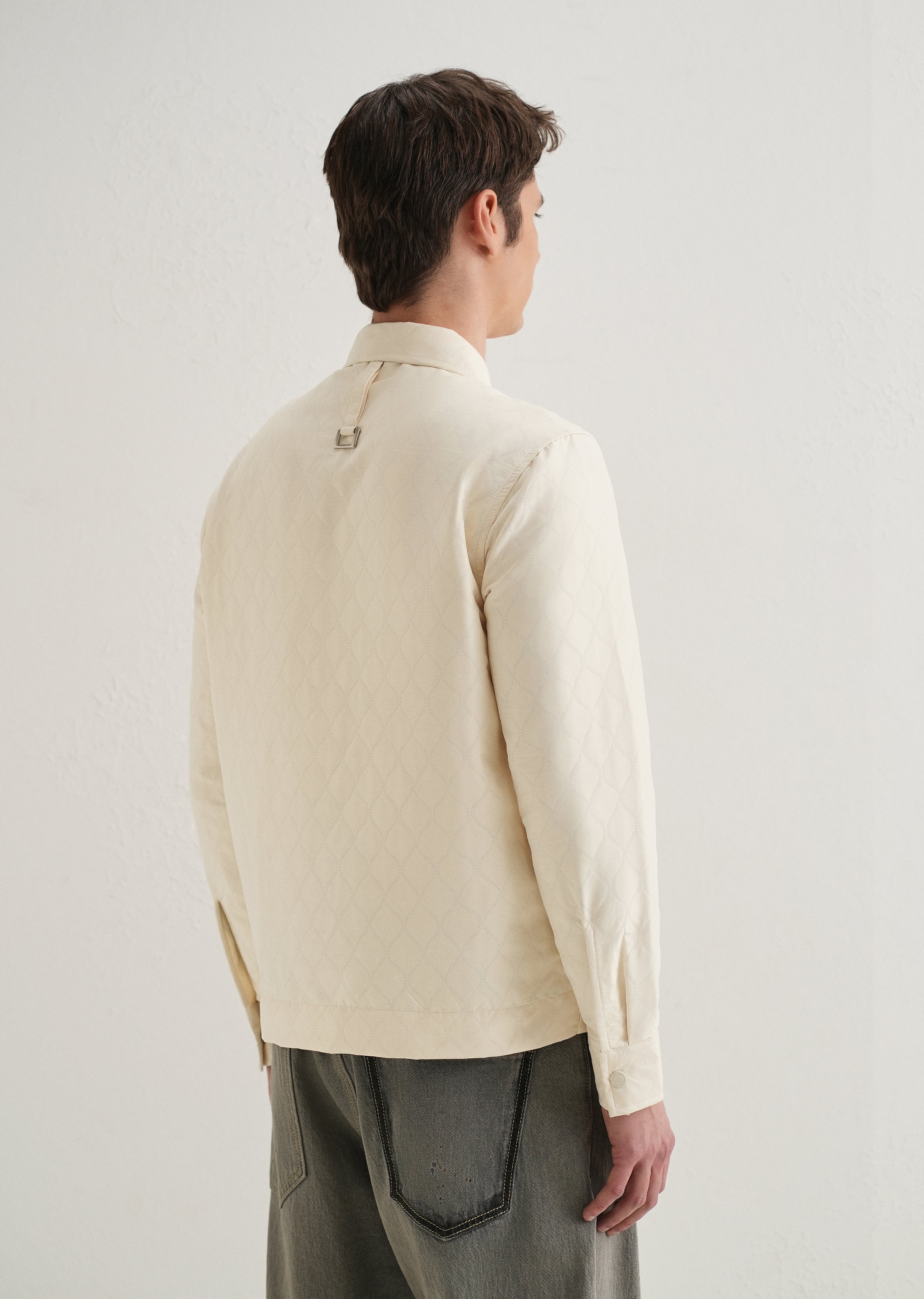 Cream Cross Pocket Self Pattern Shacket