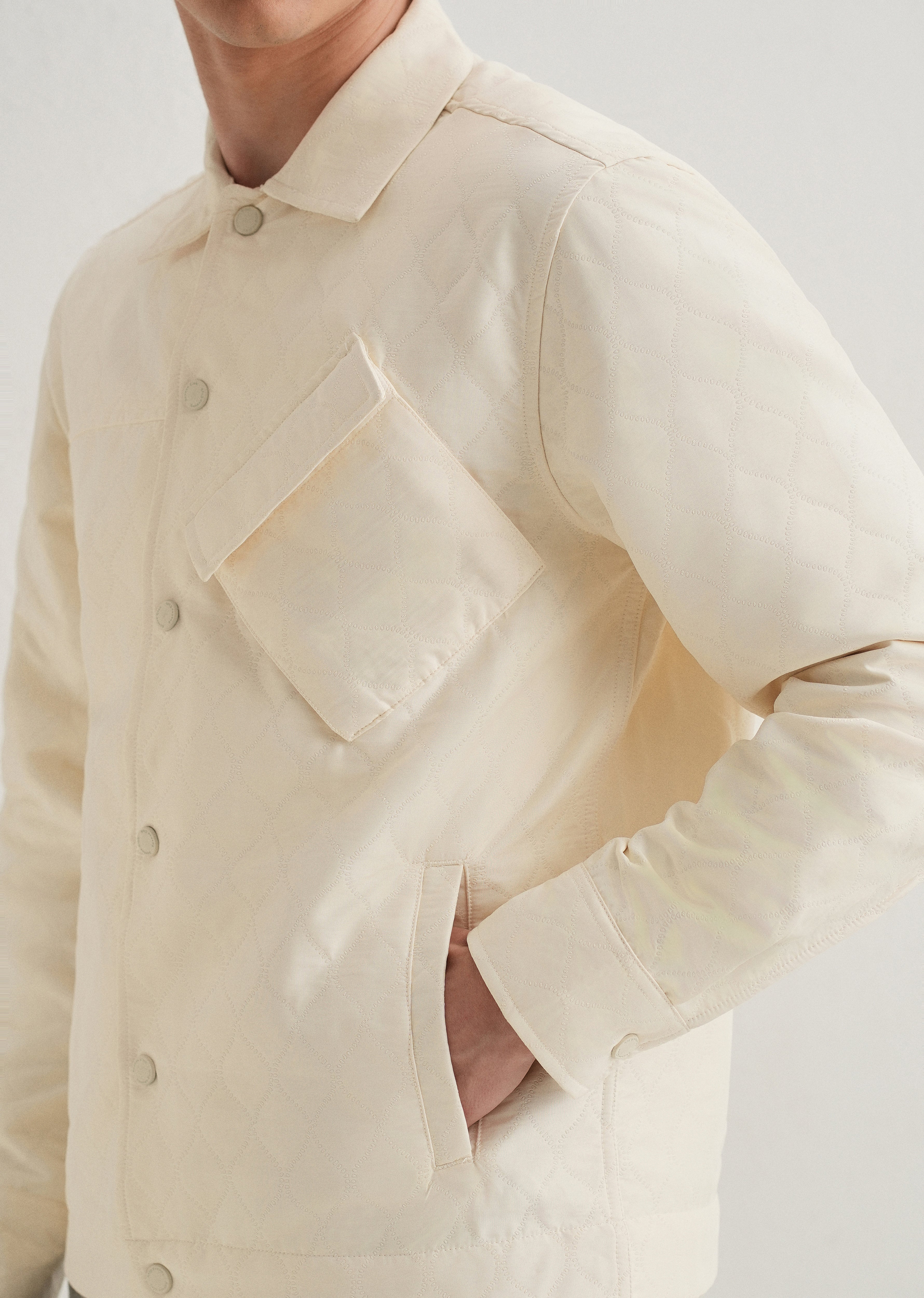 Cream Cross Pocket Self Pattern Shacket