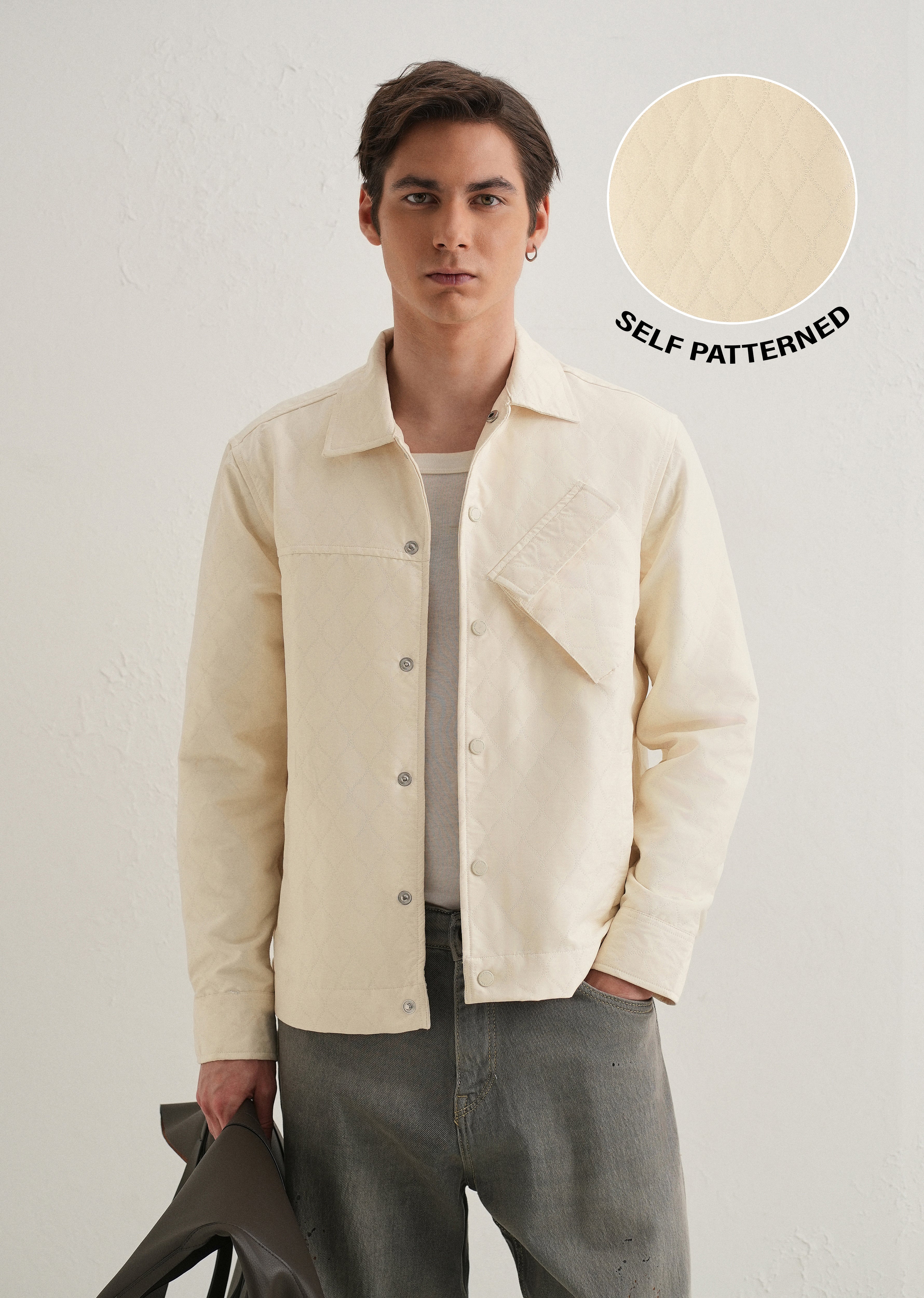 Cream Cross Pocket Self Pattern Shacket