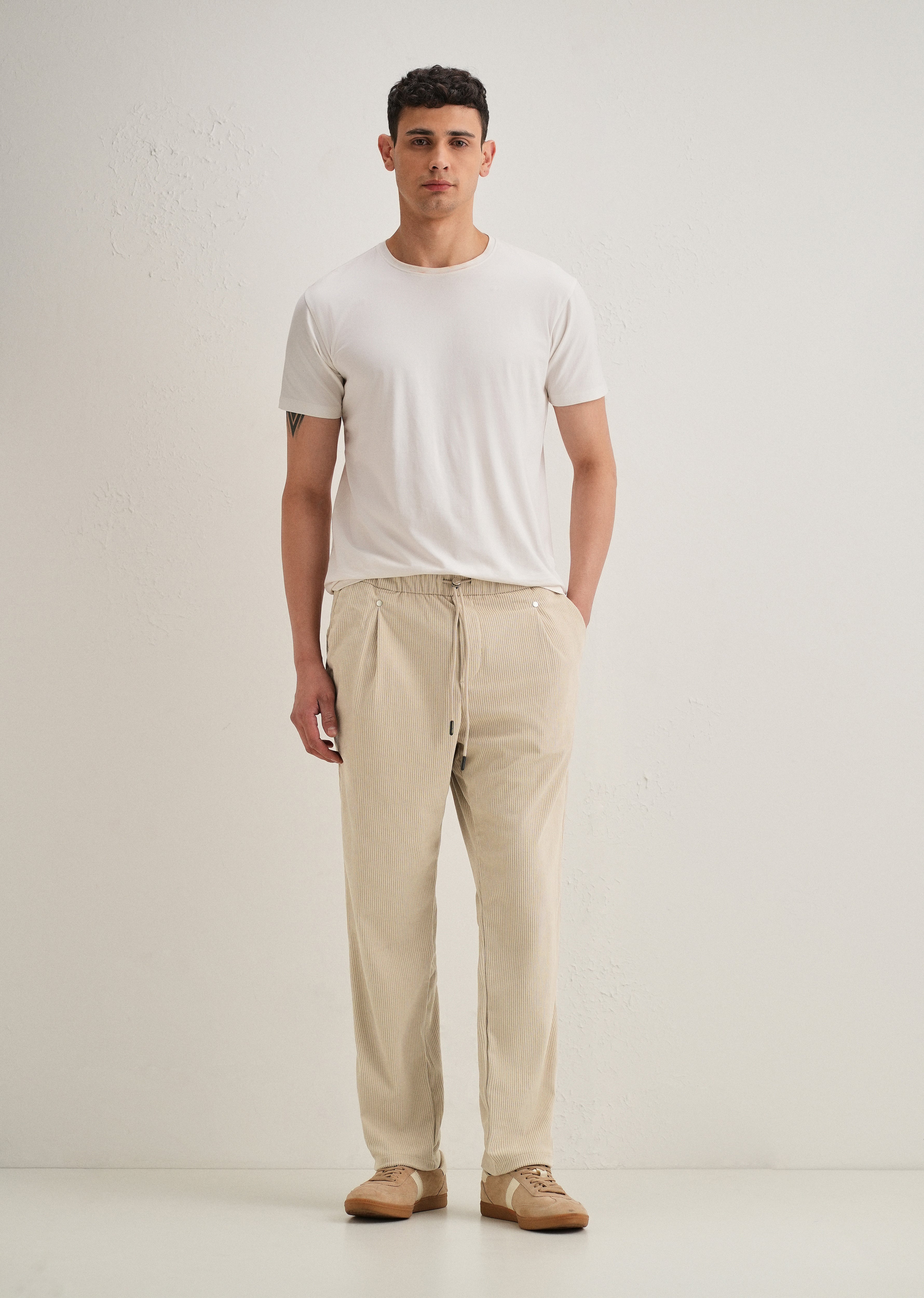 Cream Drawstring Corduroy Pant