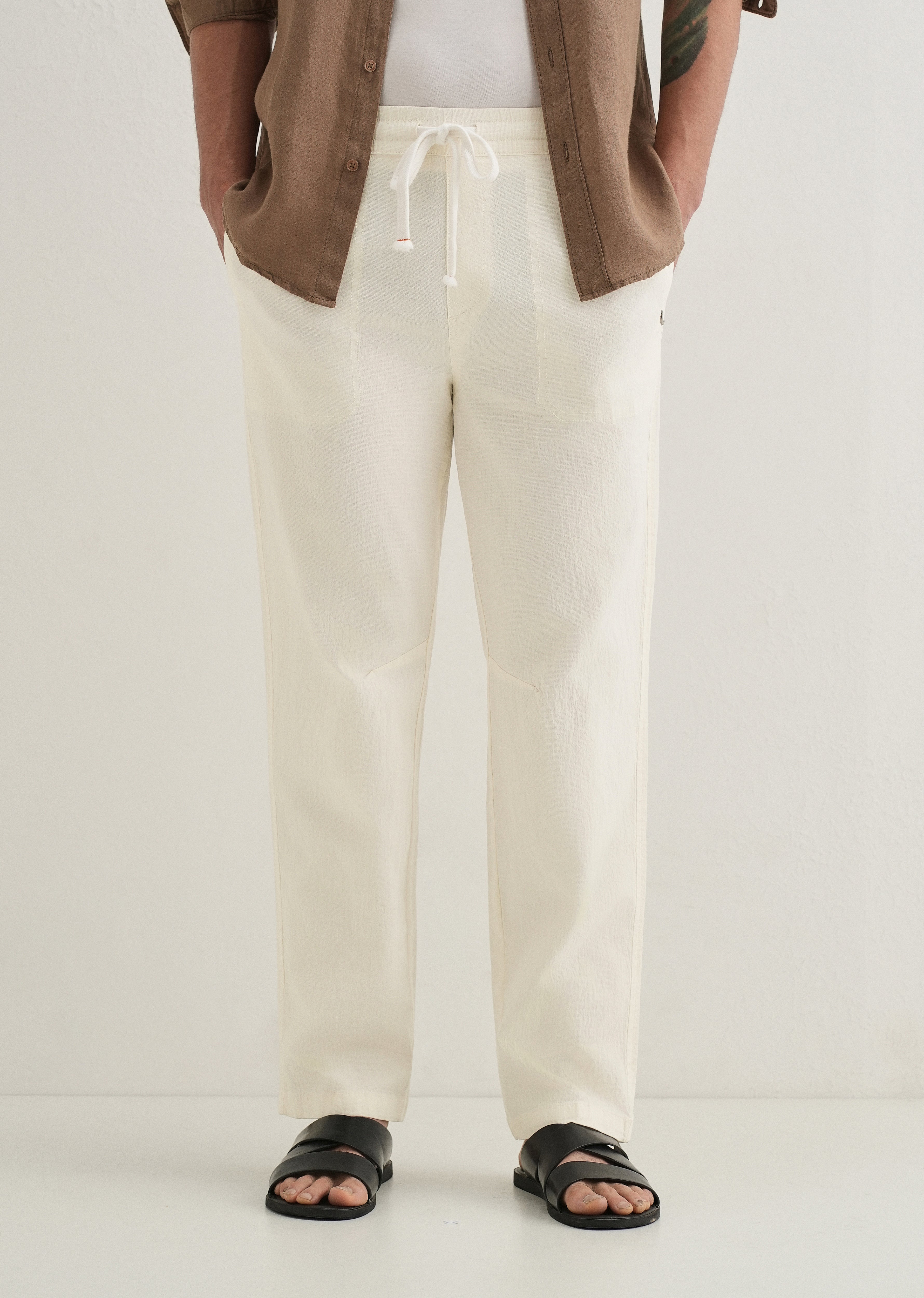 Cream Drawstring Cotton Linen Pant