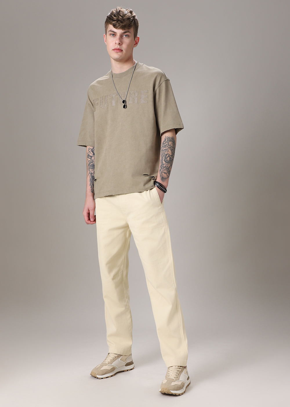 Cream Drawstring Drill Denim