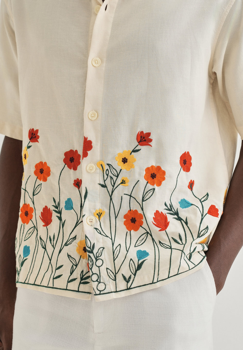 Cream Embroidered Cotton Linen Shirt