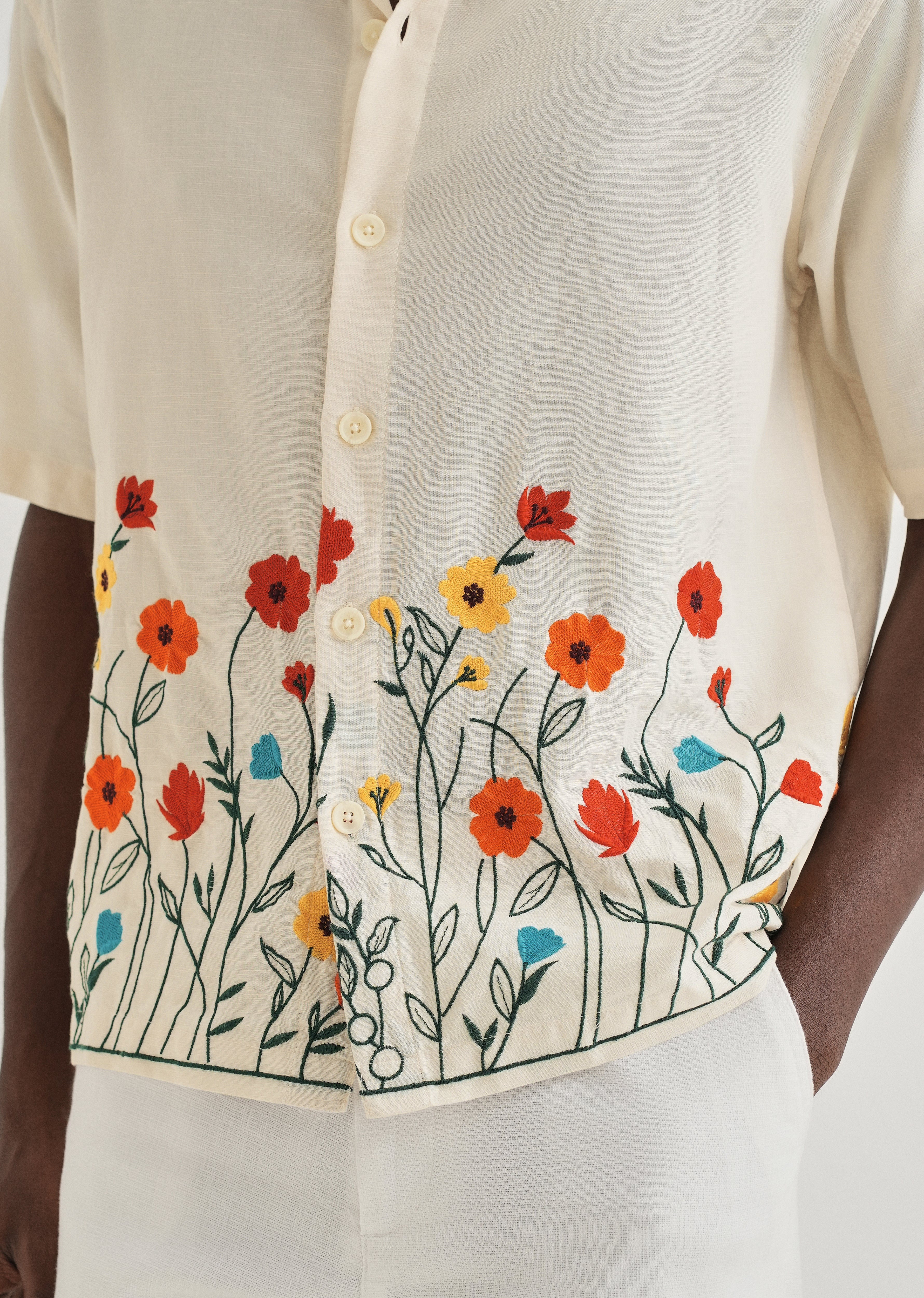 Cream Embroidered Cotton Linen Shirt