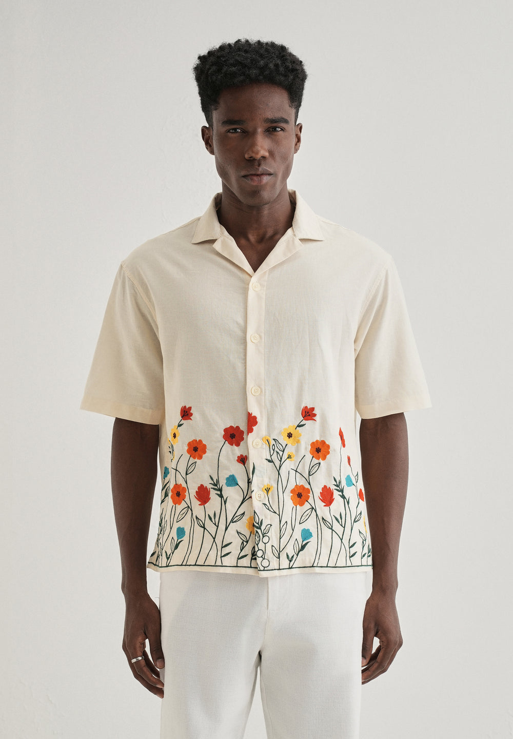 Cream Embroidered Cotton Linen Shirt