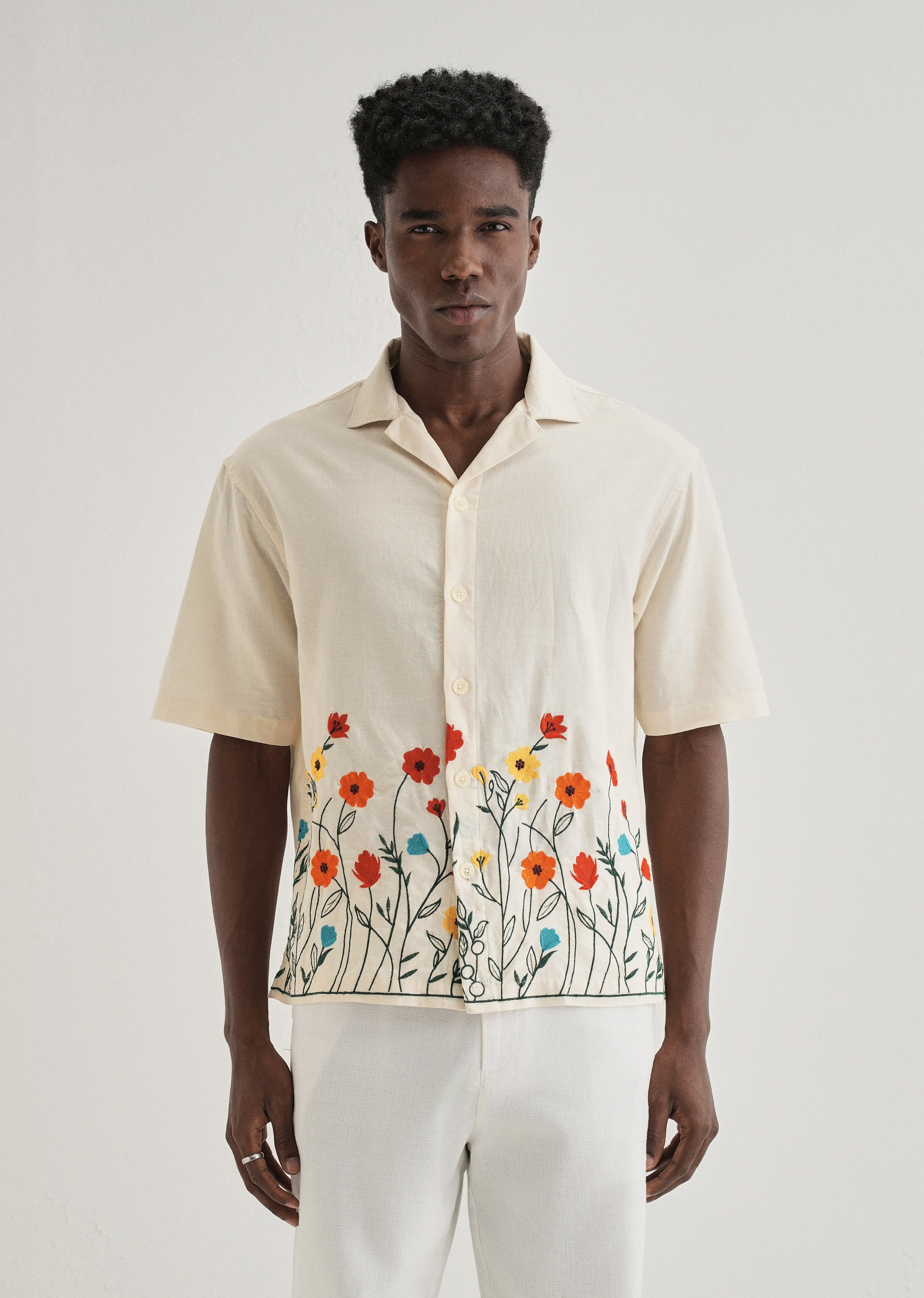 Cream Embroidered Cotton Linen Shirt