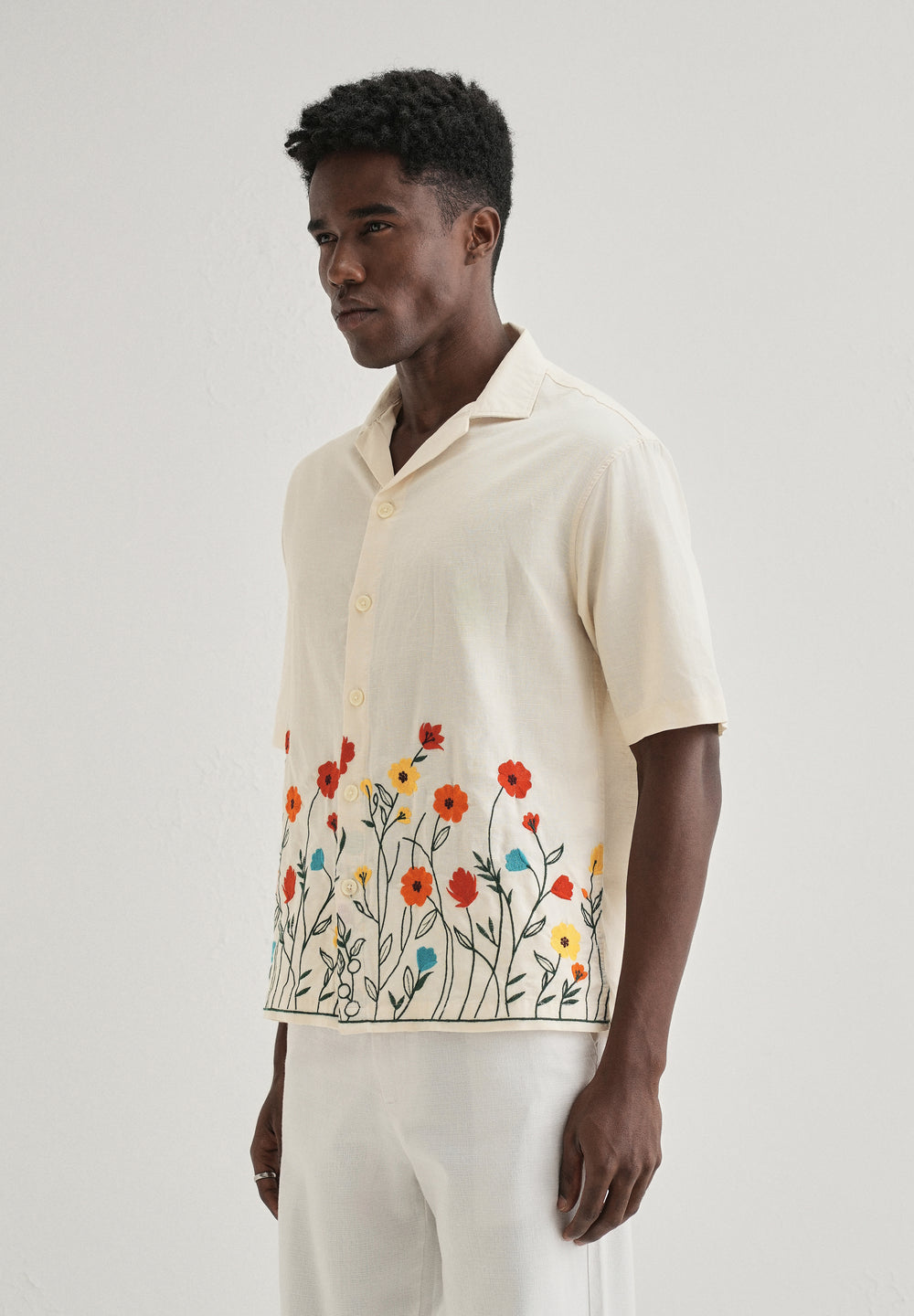 Cream Embroidered Cotton Linen Shirt