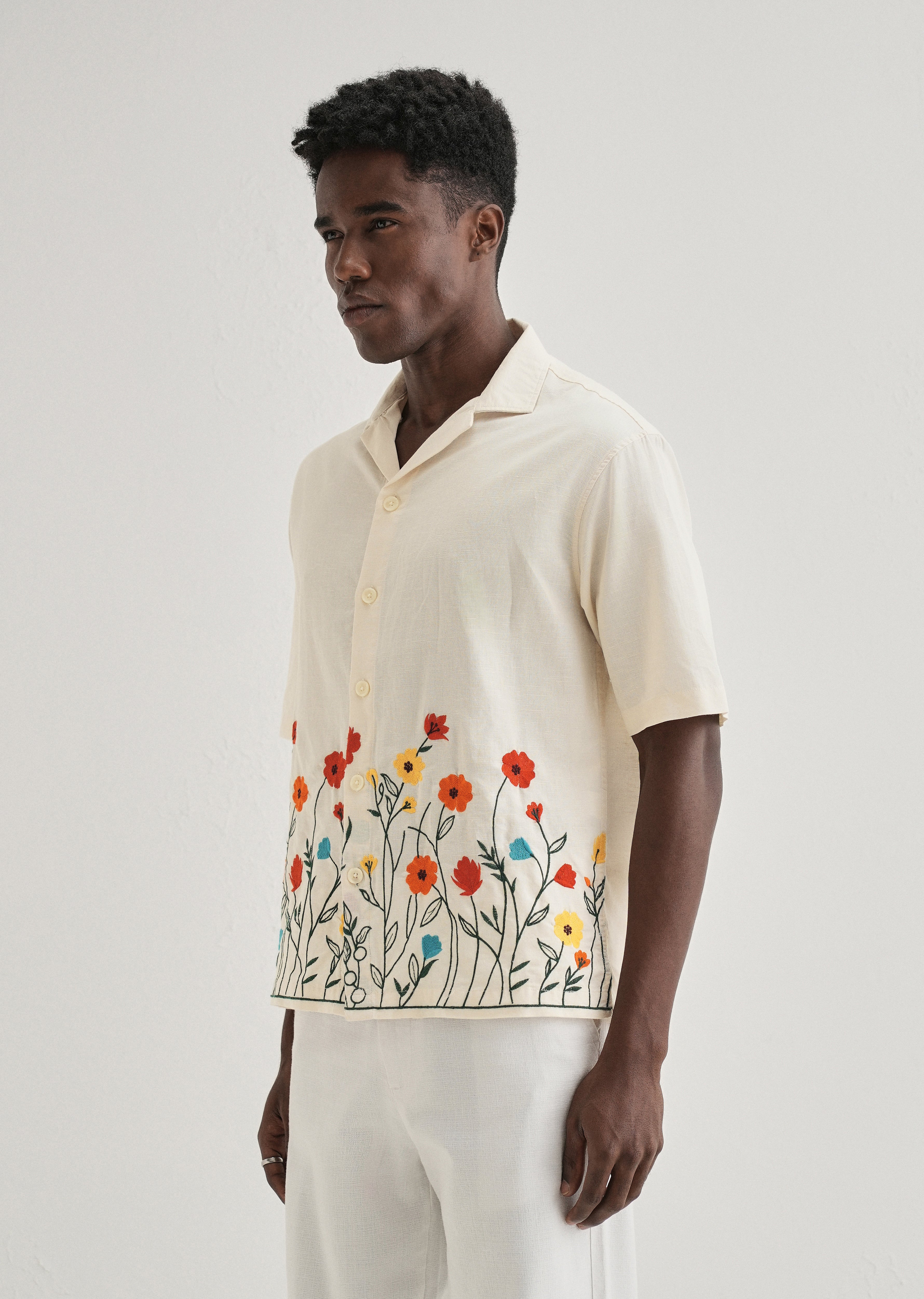 Cream Embroidered Cotton Linen Shirt