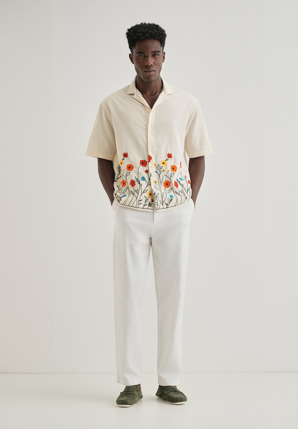 Cream Embroidered Cotton Linen Shirt