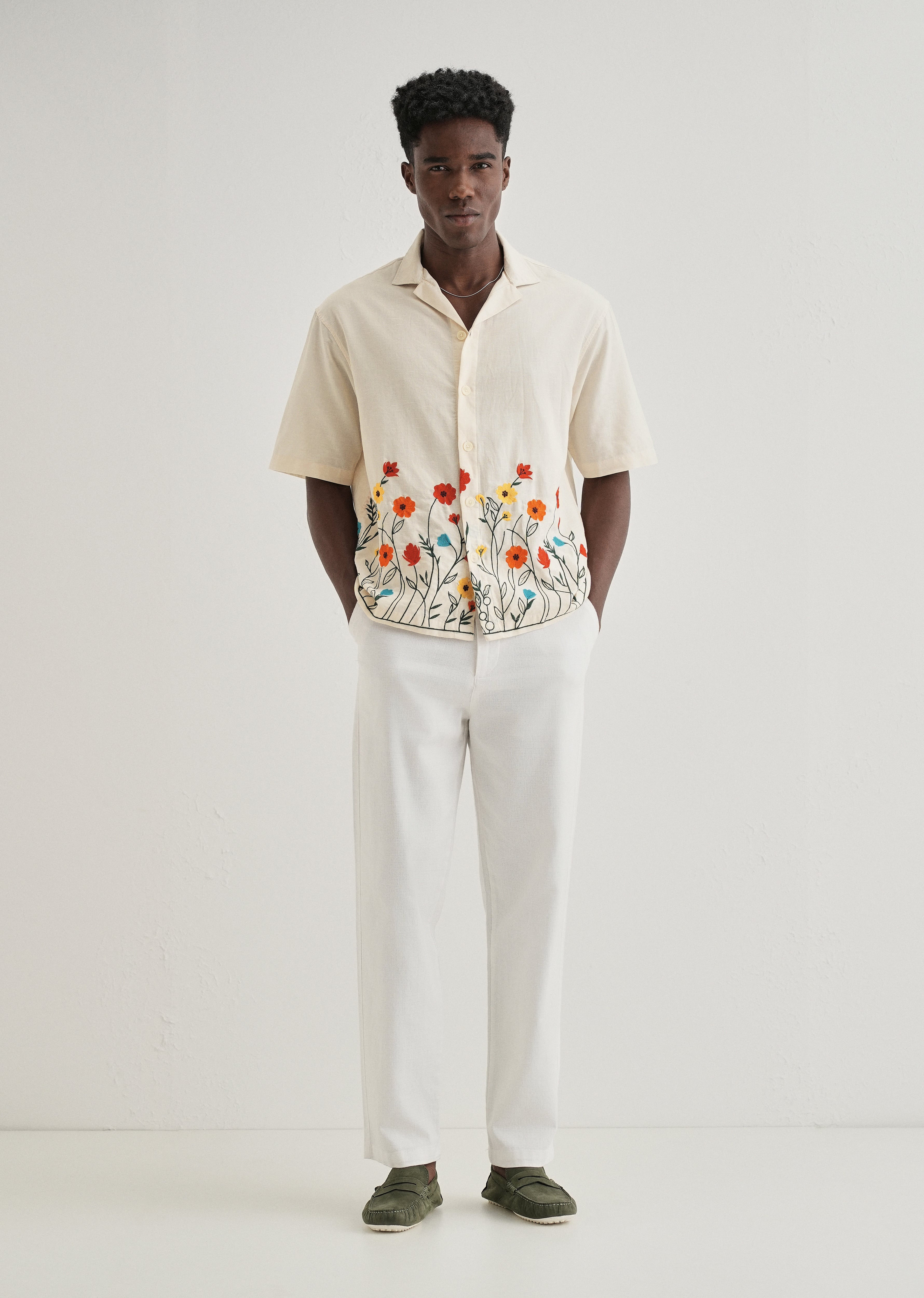 Cream Embroidered Cotton Linen Shirt