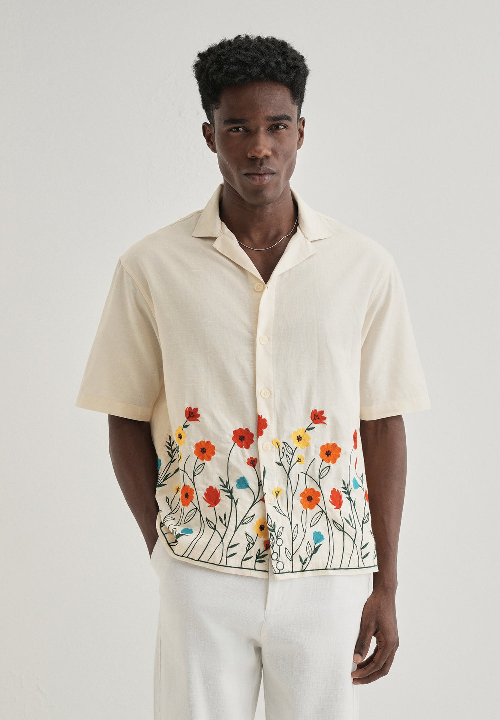 Cream Embroidered Cotton Linen Shirt