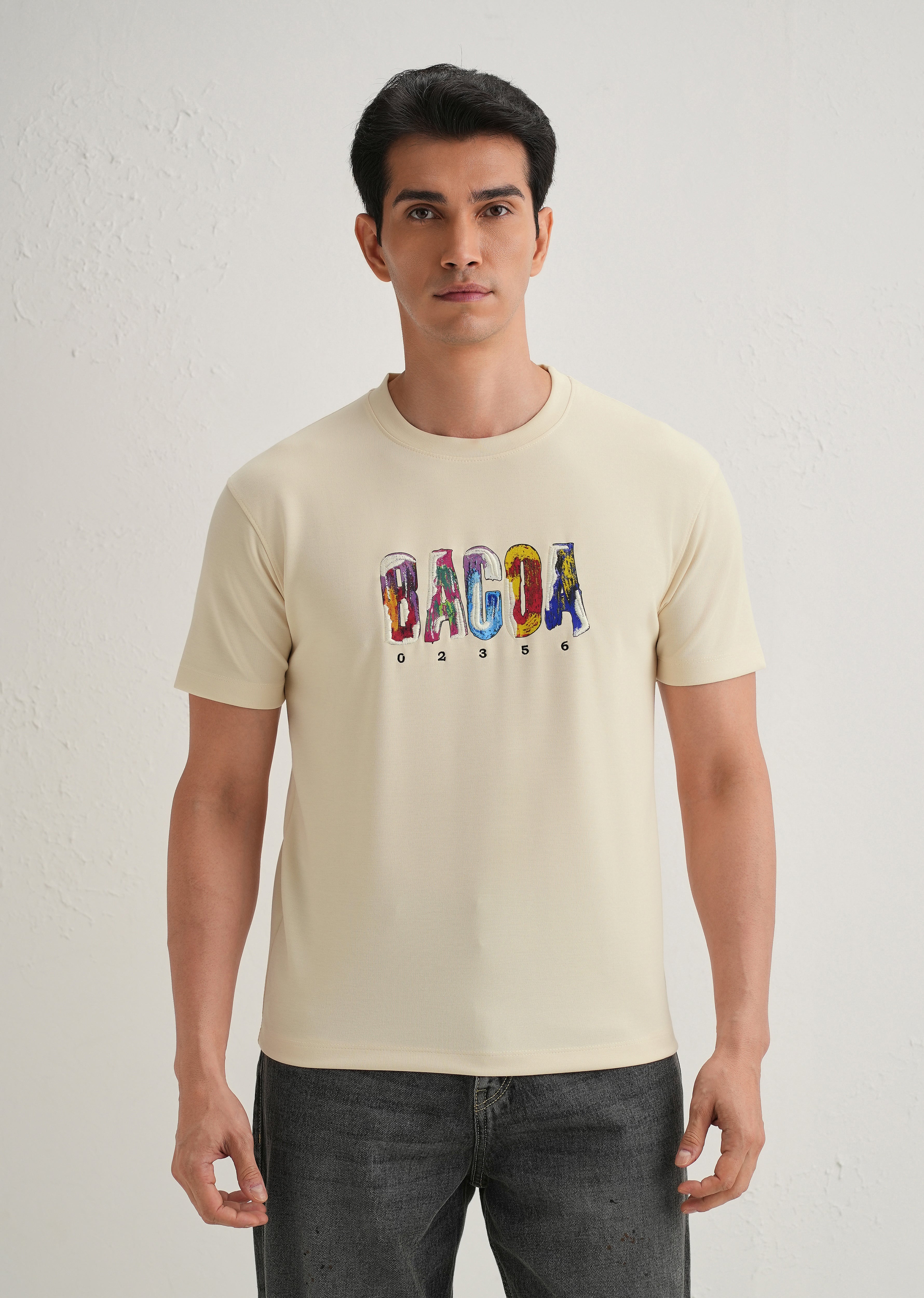 Cream Embroidered Graphic Print T-Shirt