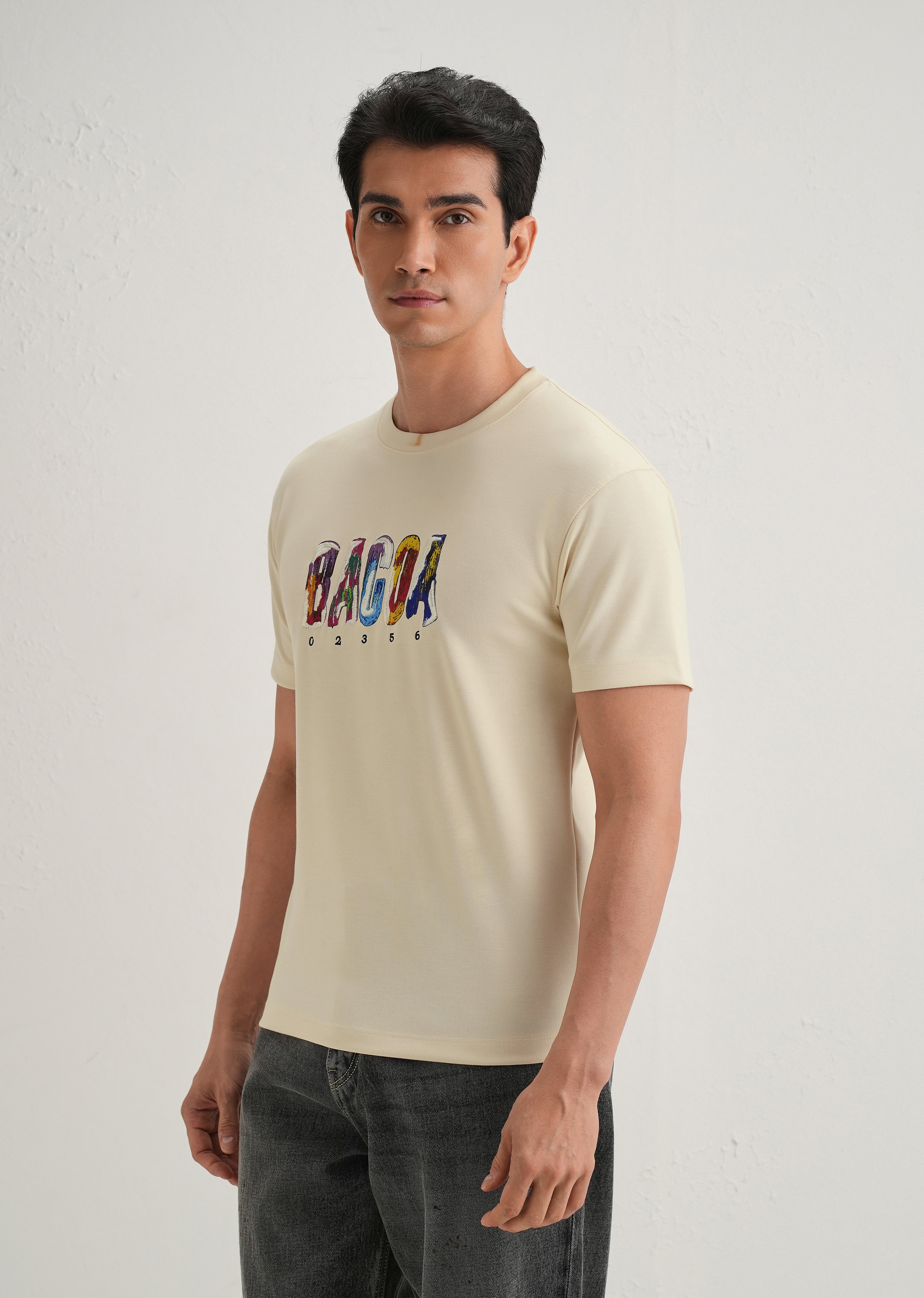 Cream Embroidered Graphic Print T-Shirt