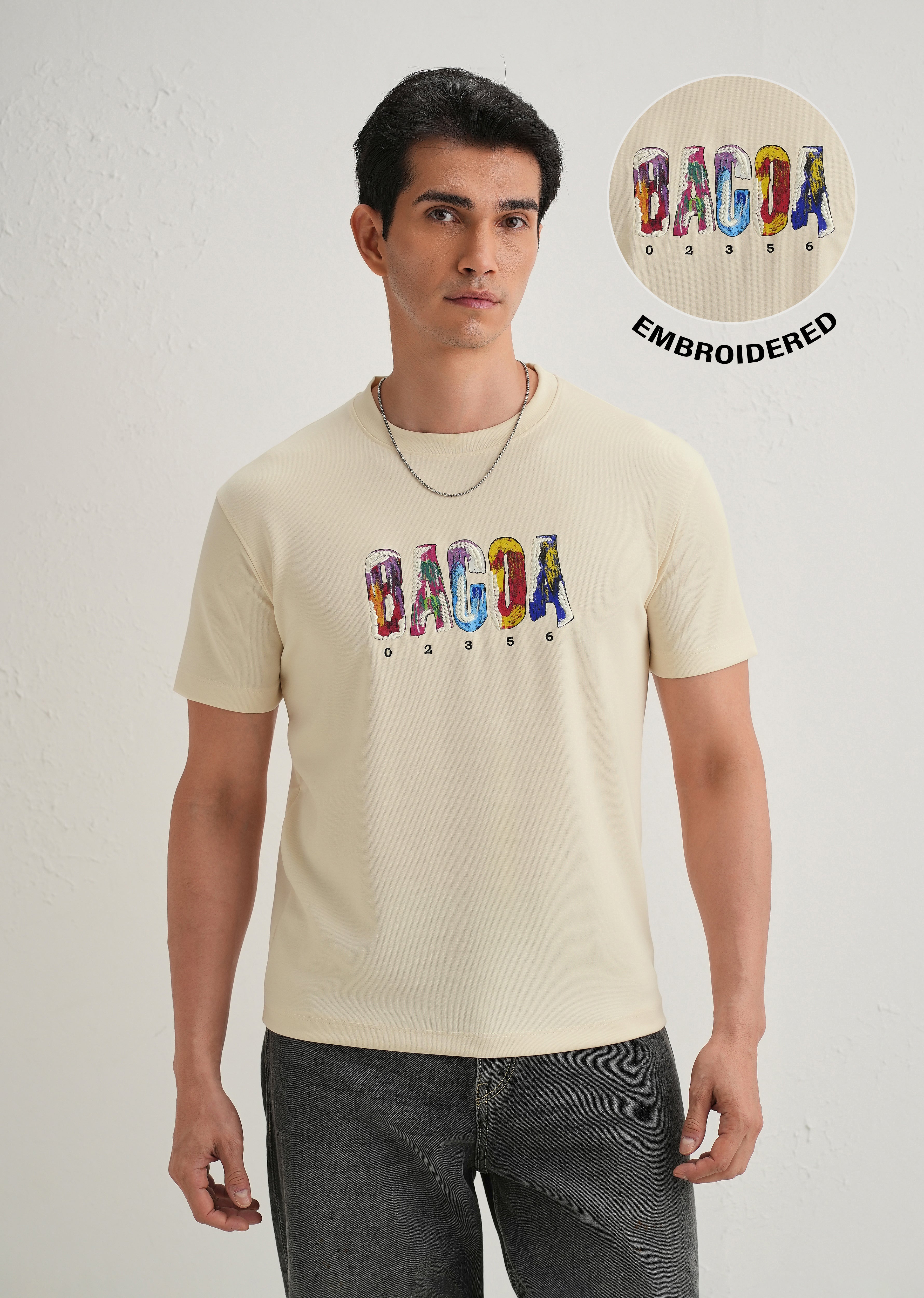 Cream Embroidered Graphic Print T-Shirt