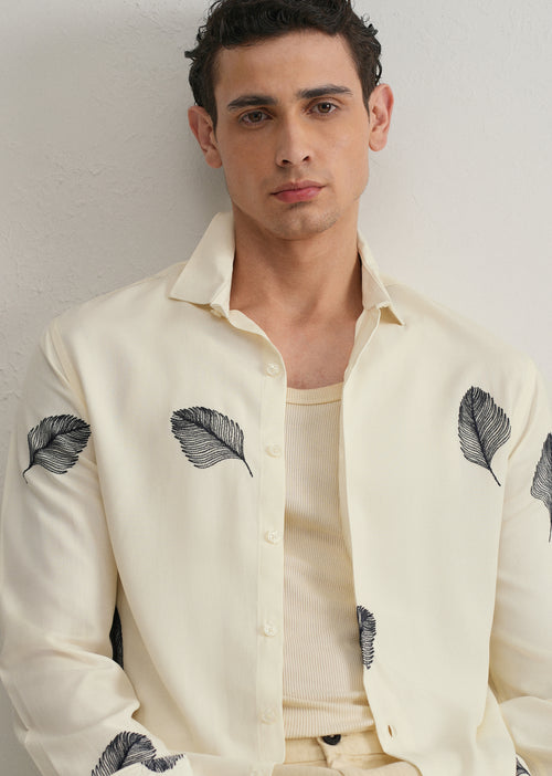 Cream Feather Embroidery Shirt