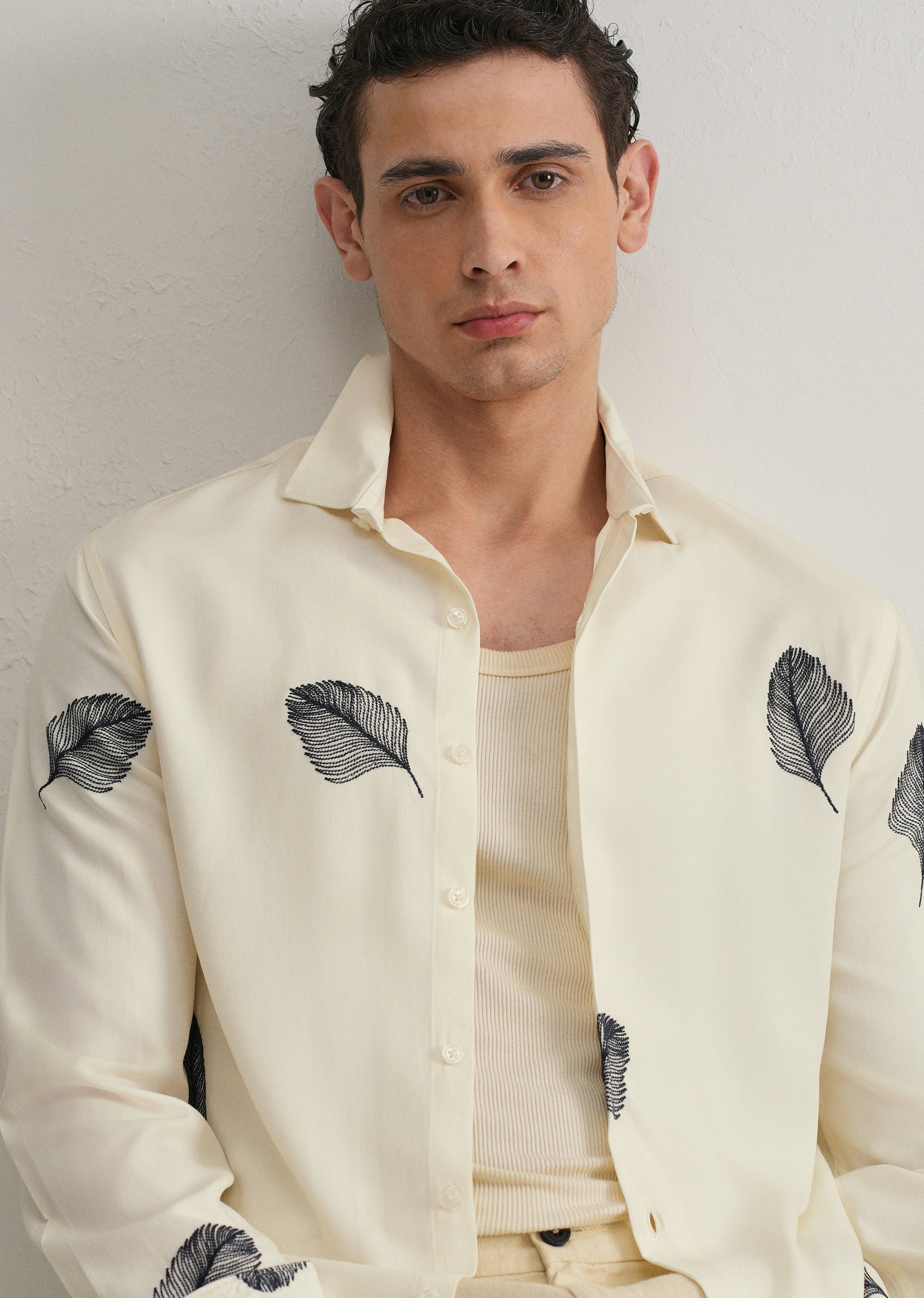 Cream Feather Embroidery Shirt