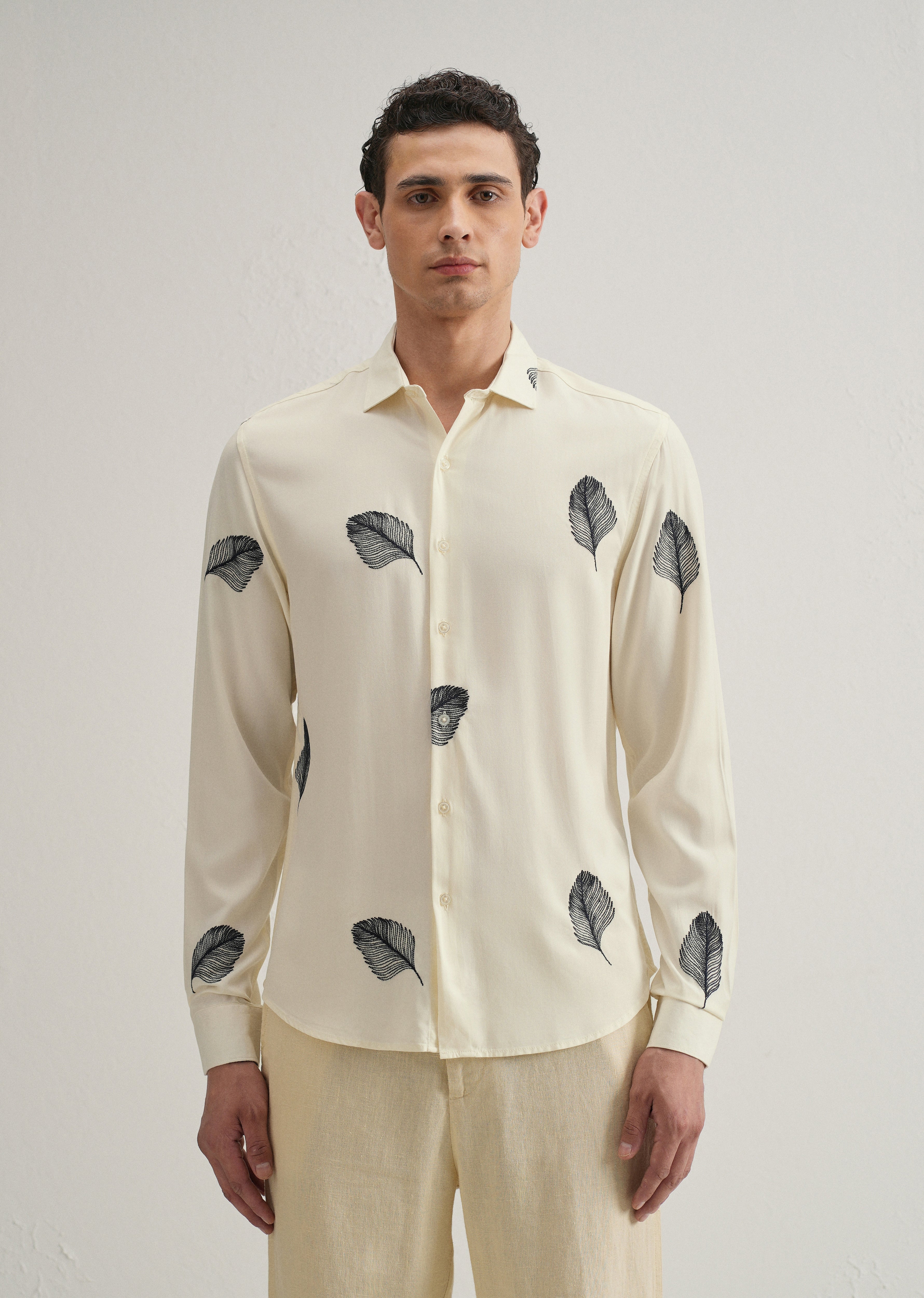 Cream Feather Embroidery Shirt