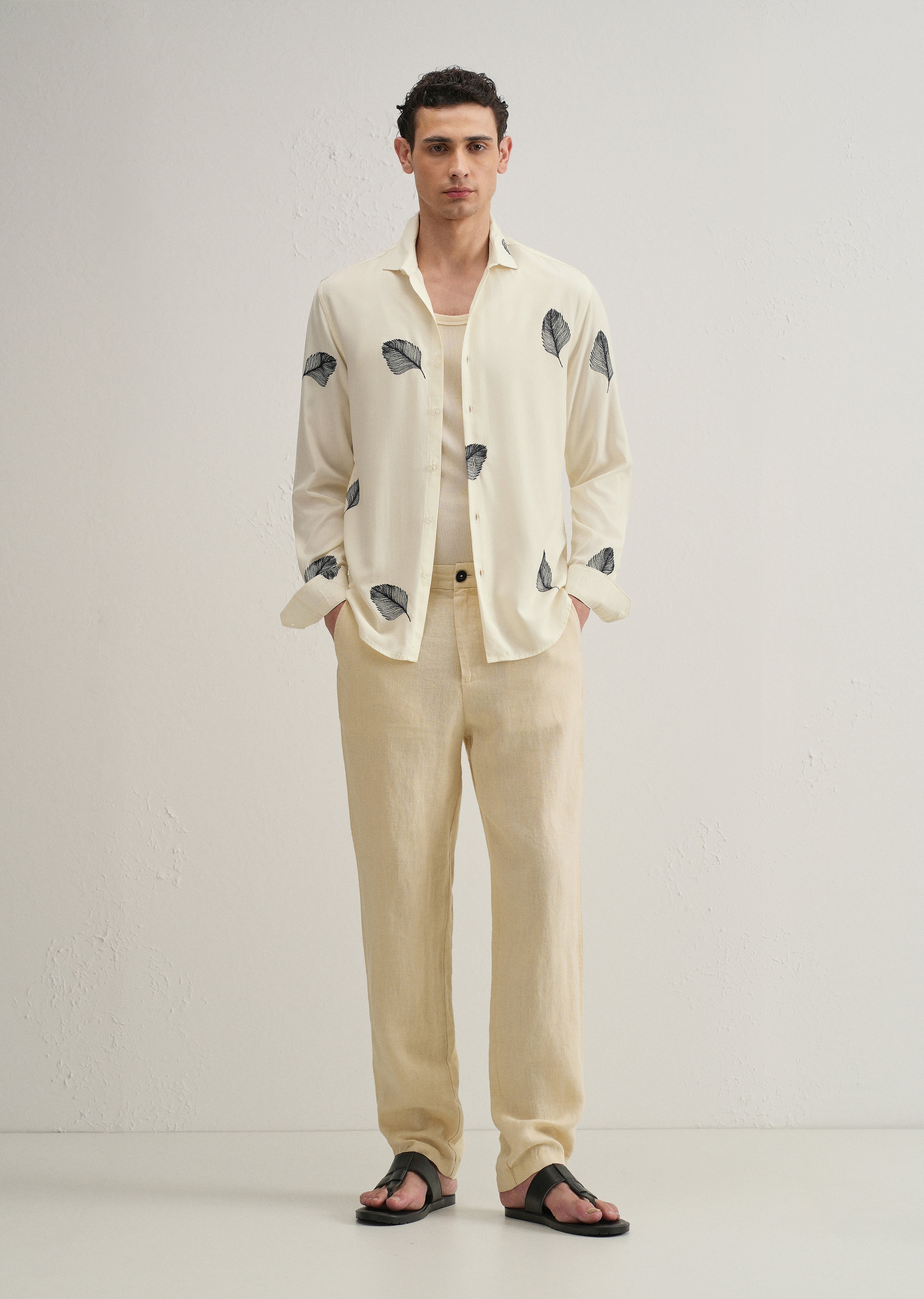 Cream Feather Embroidery Shirt