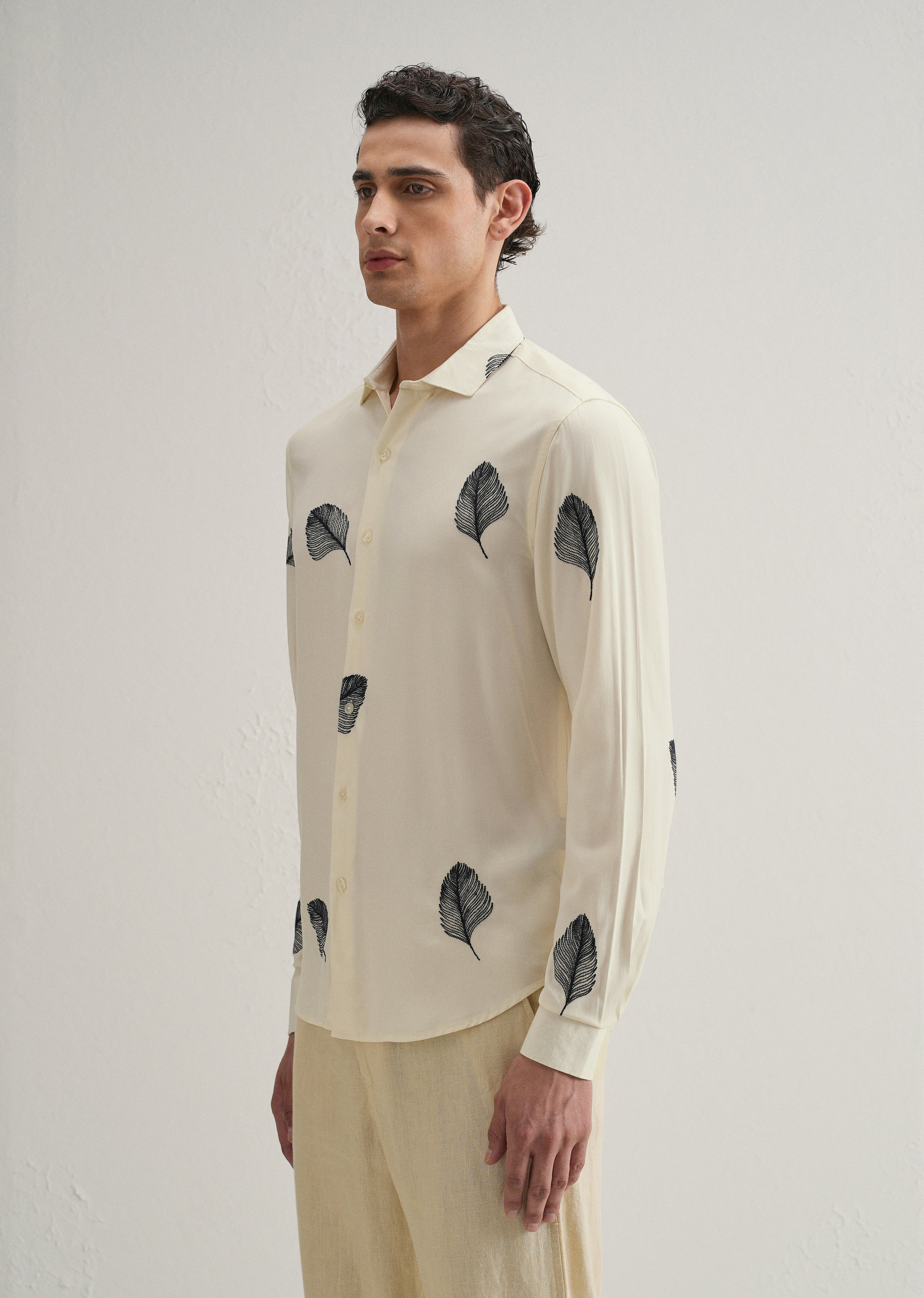 Cream Feather Embroidery Shirt
