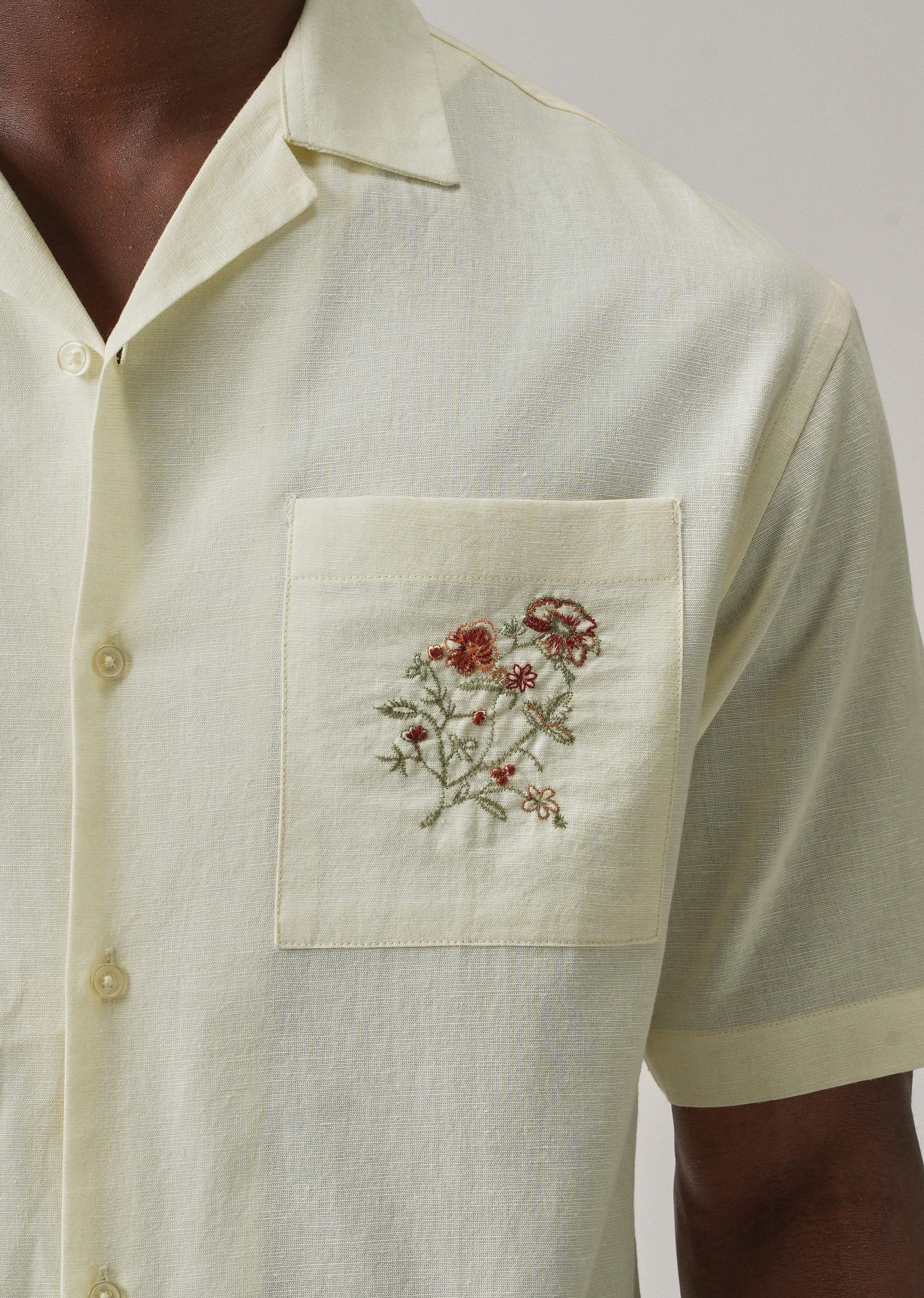 Cream Floral Embroidery Linen Shirt