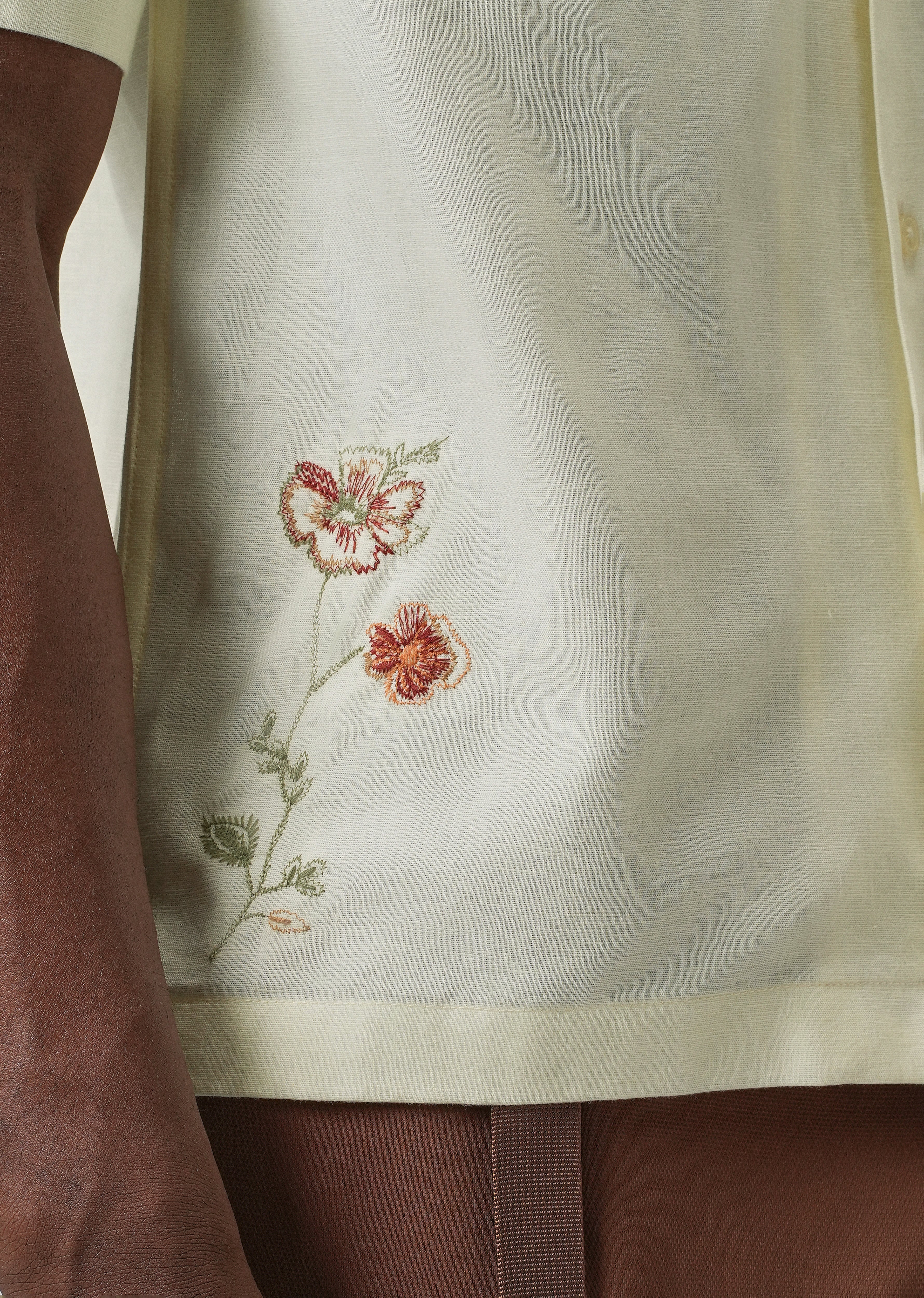 Cream Floral Embroidery Linen Shirt